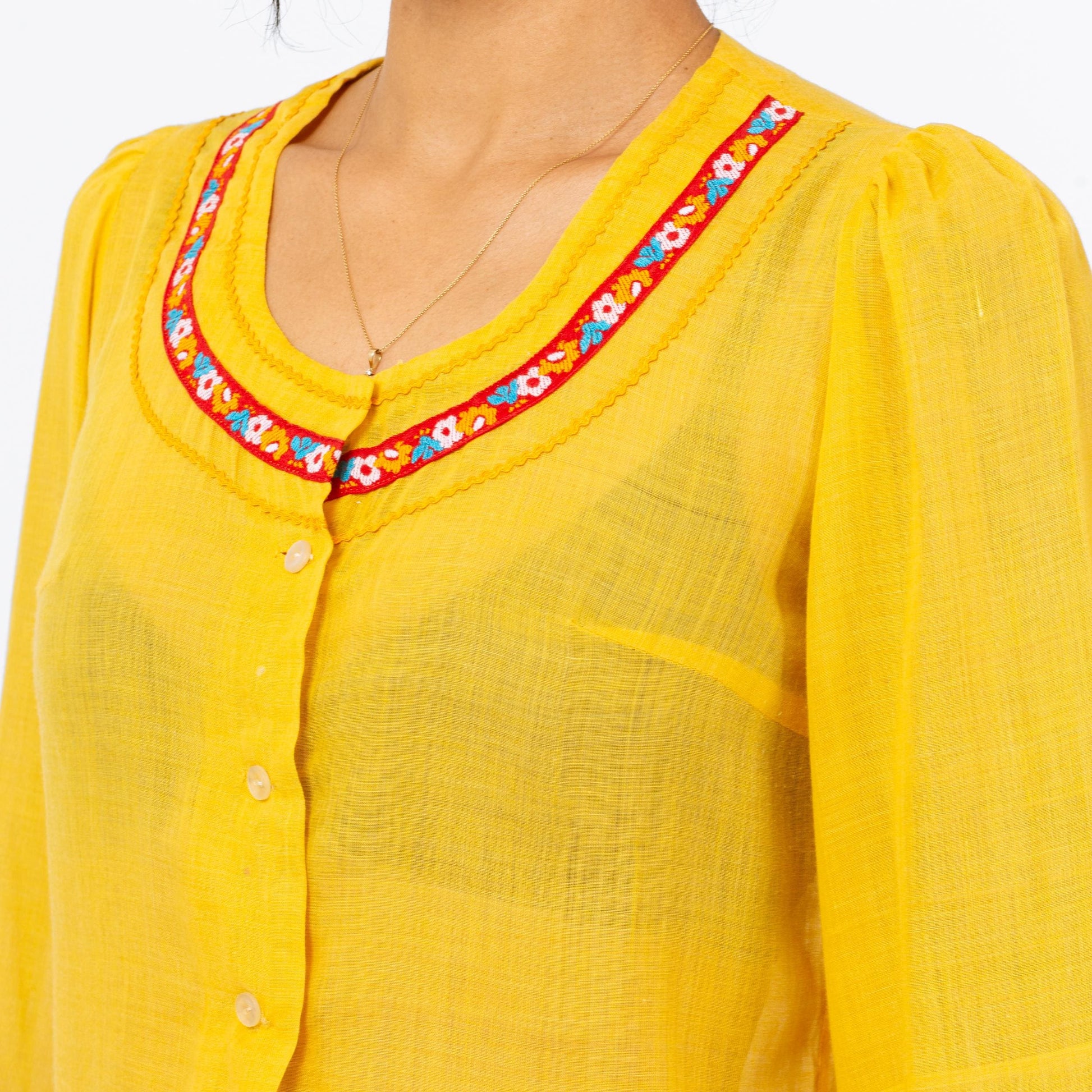 Vintage 70s Yellow Bell Sleeve Peasant Blouse - Small | Ricci Paris Boho 3/4 Sleeve Floral Ric Rac Trim Button Up Folk Festival Top