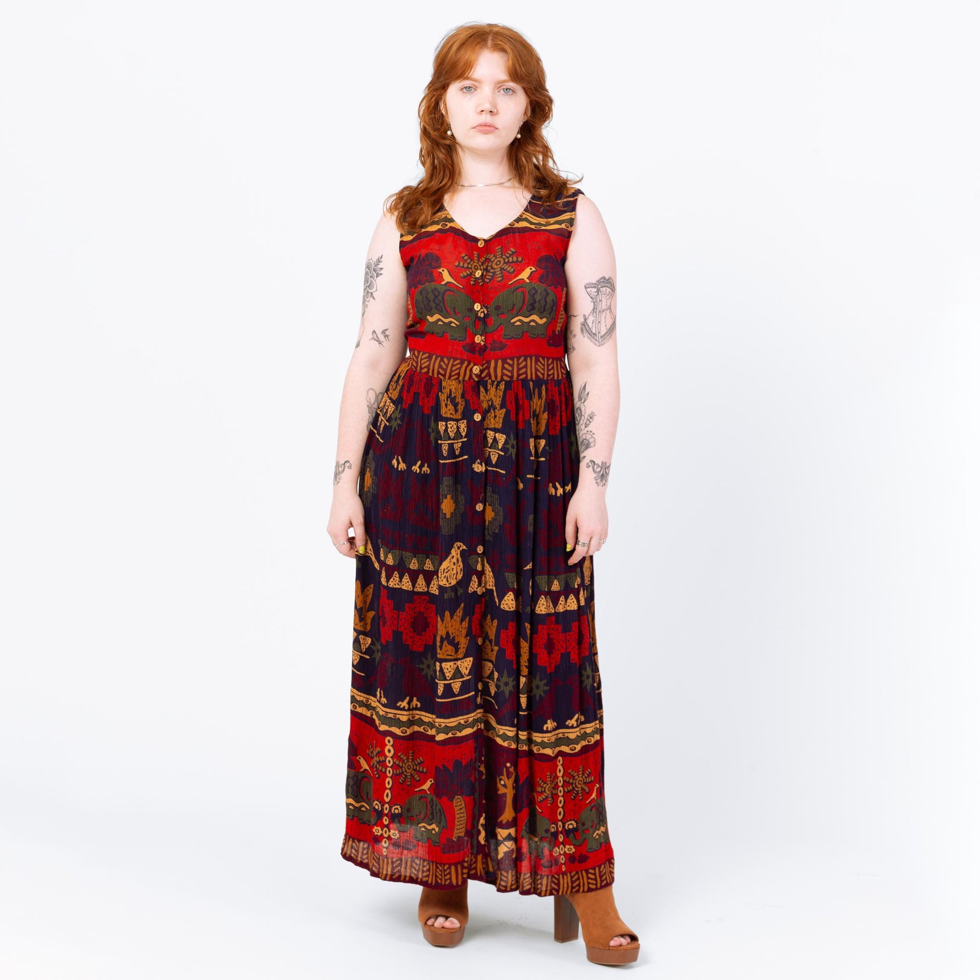 Vintage 90s Boho Elephant & Bird Print Maxi Sundress - Medium | Red Blue Rayon Made In India Sleeveless Tie Back Summer Festival Dress