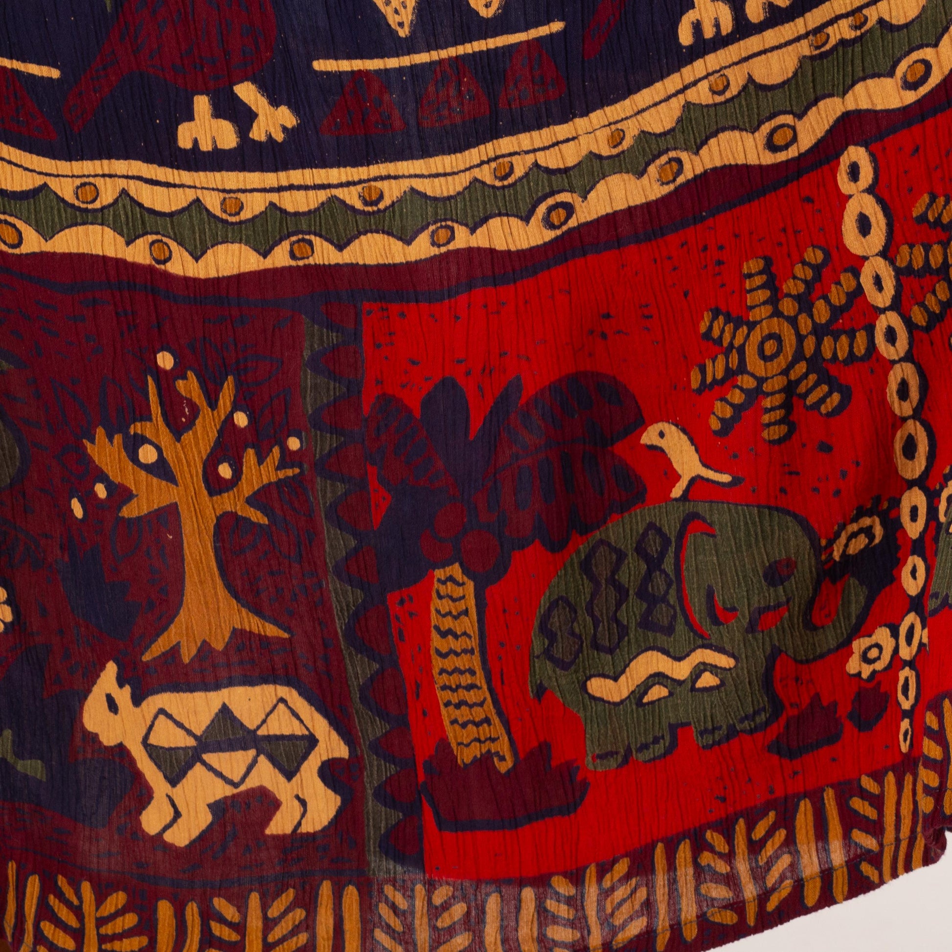 Vintage 90s Boho Elephant & Bird Print Maxi Sundress - Medium | Red Blue Rayon Made In India Sleeveless Tie Back Summer Festival Dress