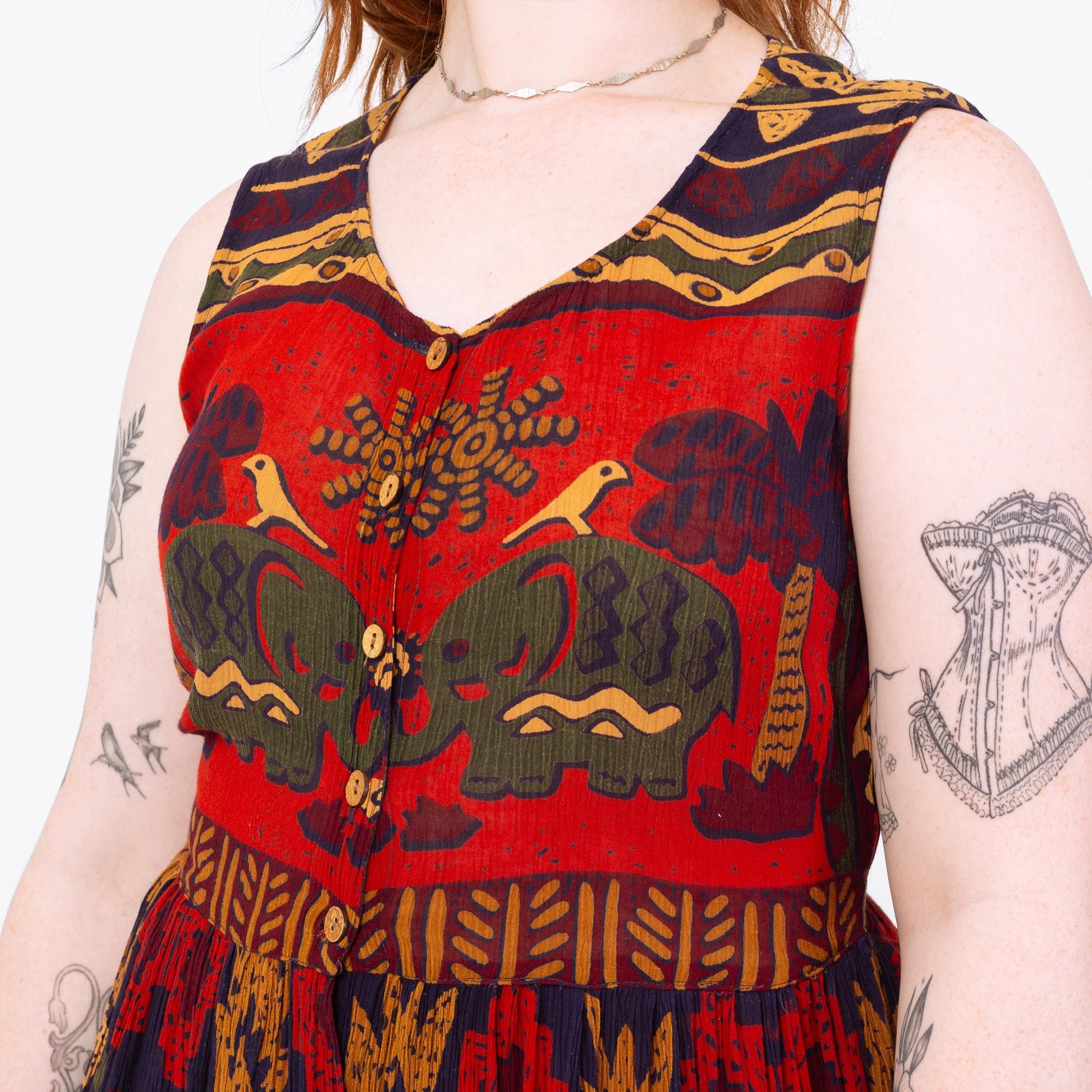 Vintage 90s Boho Elephant & Bird Print Maxi Sundress - Medium | Red Blue Rayon Made In India Sleeveless Tie Back Summer Festival Dress