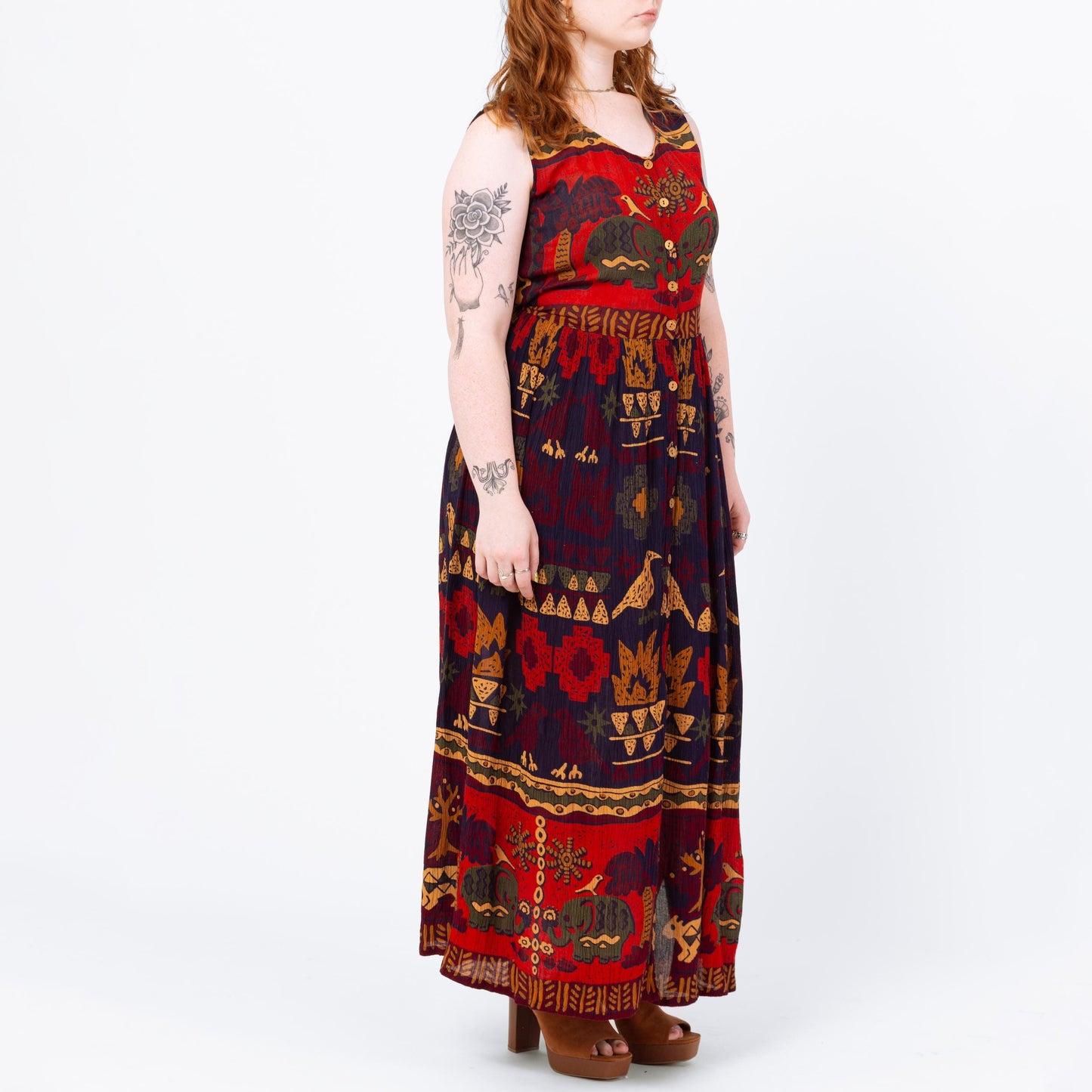 Vintage 90s Boho Elephant & Bird Print Maxi Sundress - Medium | Red Blue Rayon Made In India Sleeveless Tie Back Summer Festival Dress