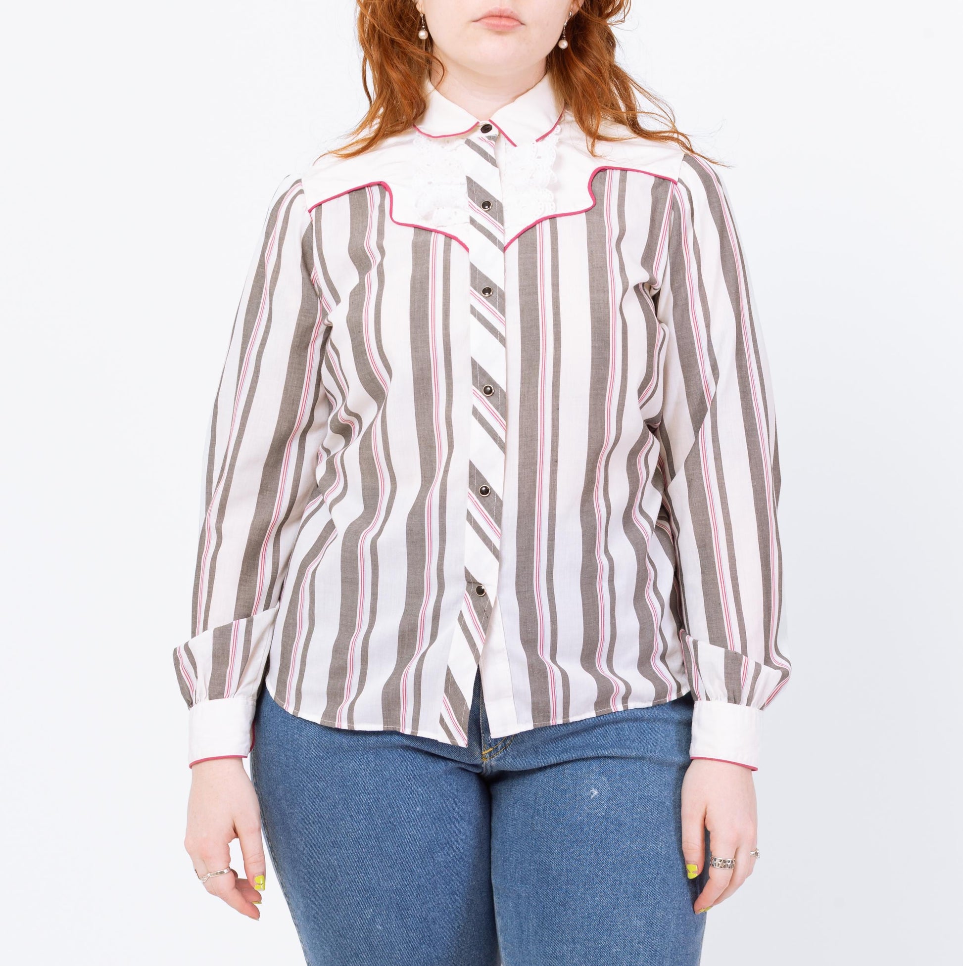 Vintage 80s Western Striped Lace Trim Yoke Shirt - Medium | Kenny Rogers Long Sleeve Pearl Snap Rockabilly Top