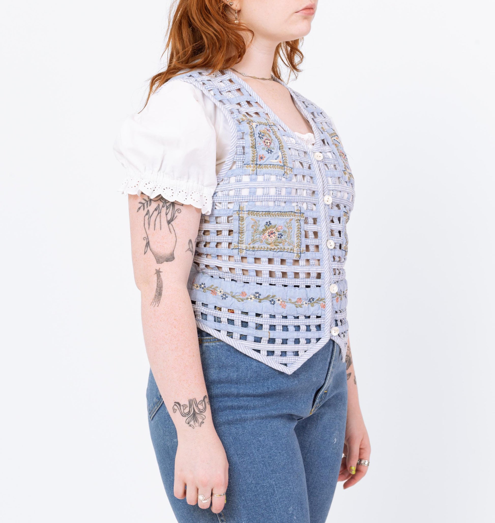 Vintage 90s Chambray Floral Lattice Vest - Medium | Boho Cottagecore Blue Sleeveless Button Up Folk Top