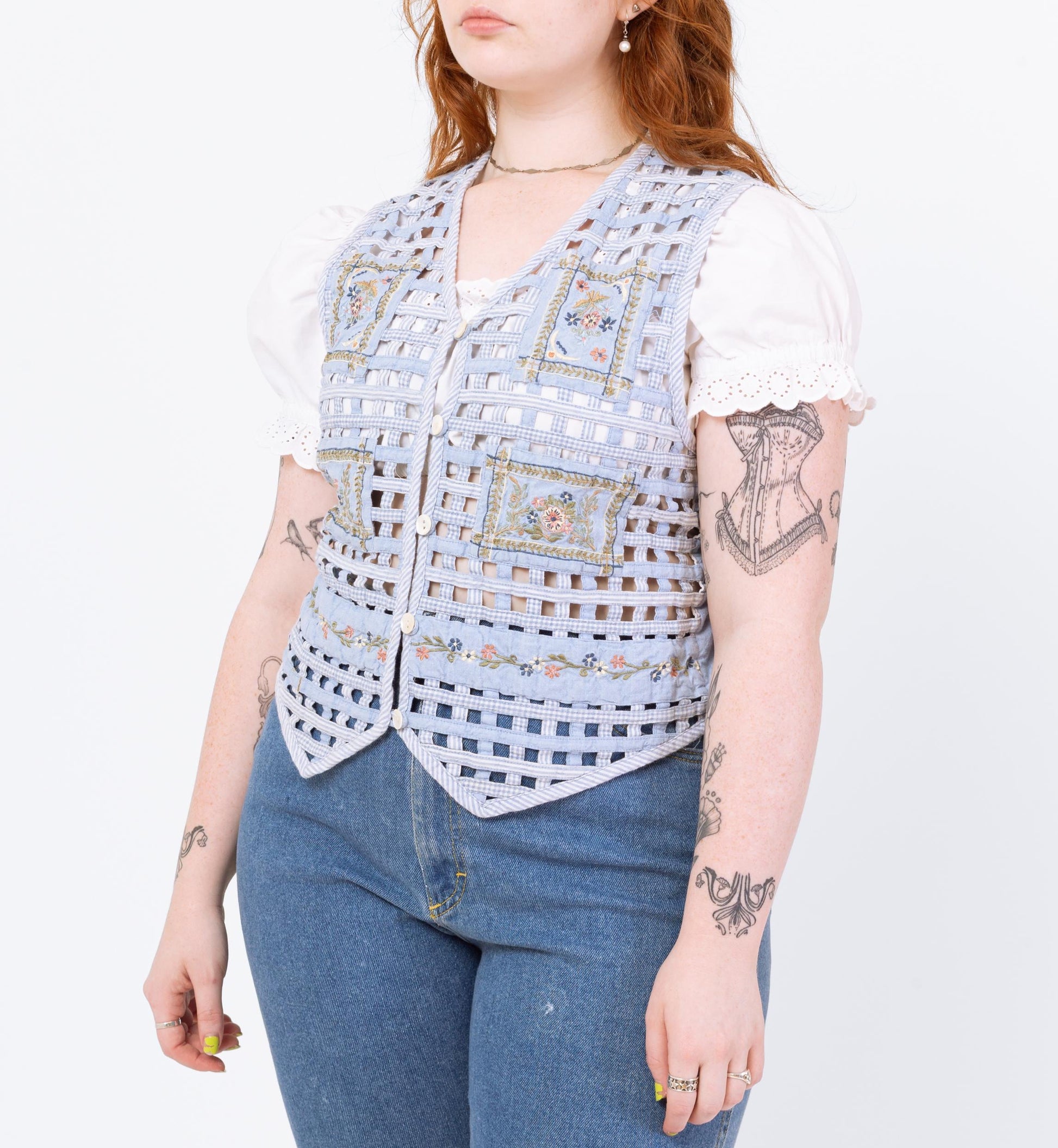 Vintage 90s Chambray Floral Lattice Vest - Medium | Boho Cottagecore Blue Sleeveless Button Up Folk Top