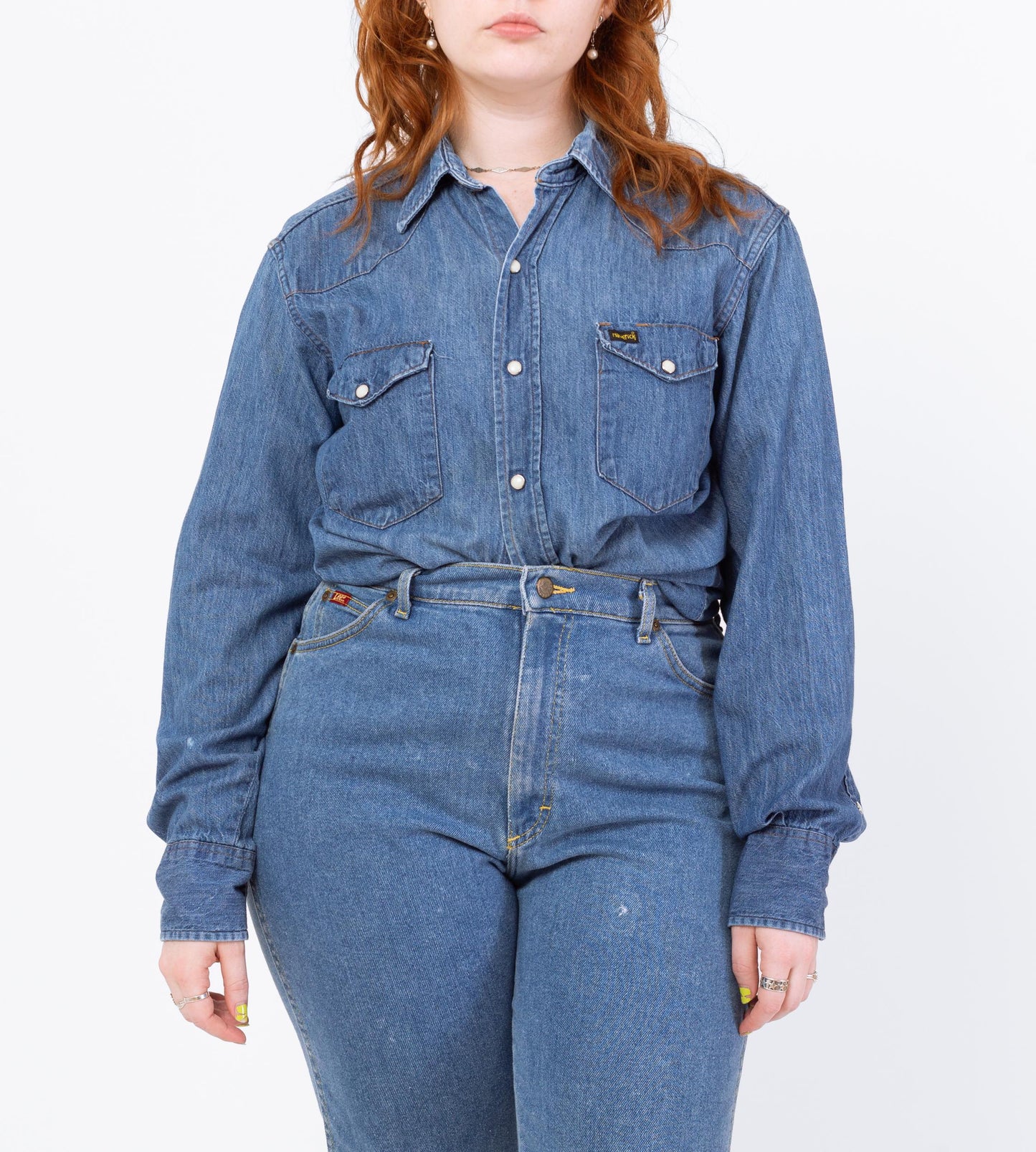Vintage 70s Maverick Denim Pearl Snap Western Shirt - Men's Medium, Women's Large | Distressed Cowboy Blue Jean Workwear Top