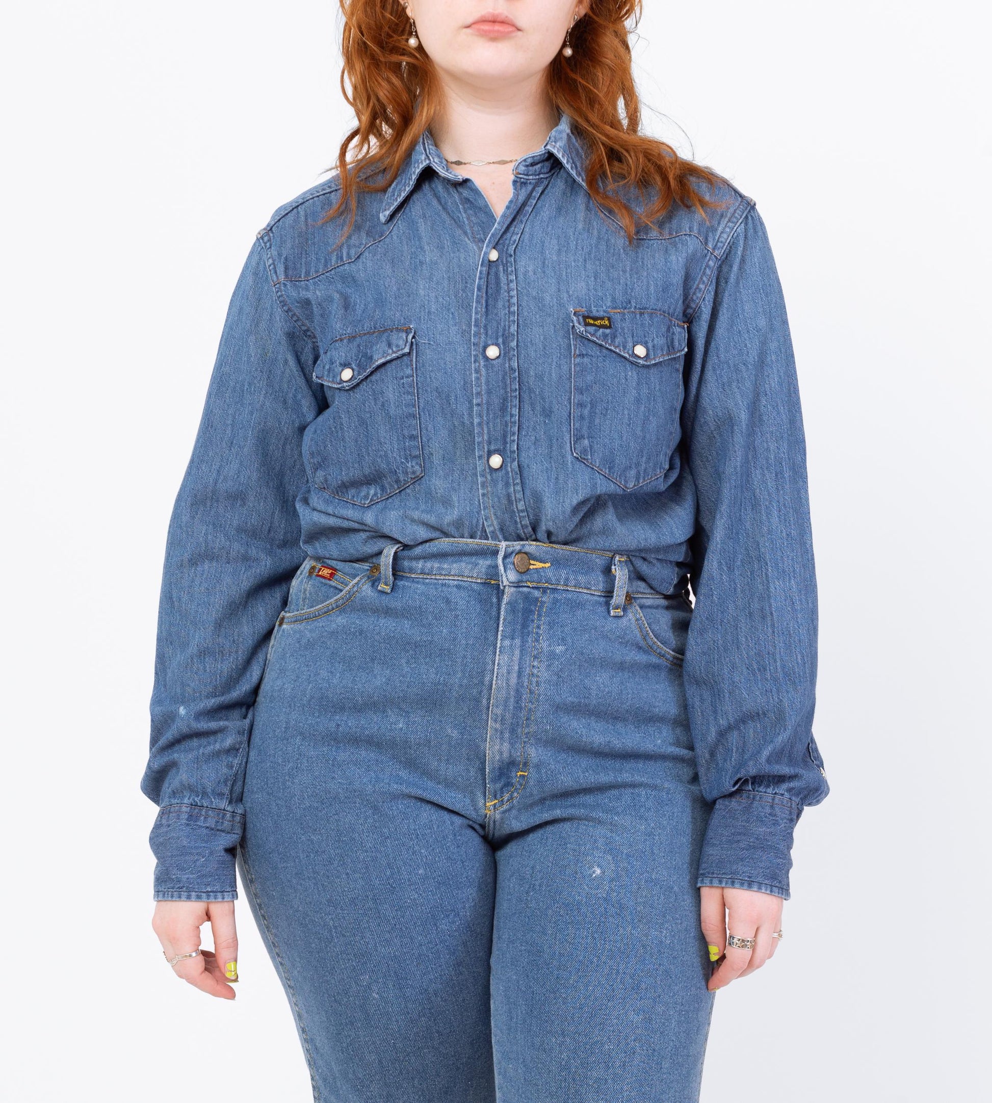 Vintage 70s Maverick Denim Pearl Snap Western Shirt - Men's Medium, Women's Large | Distressed Cowboy Blue Jean Workwear Top