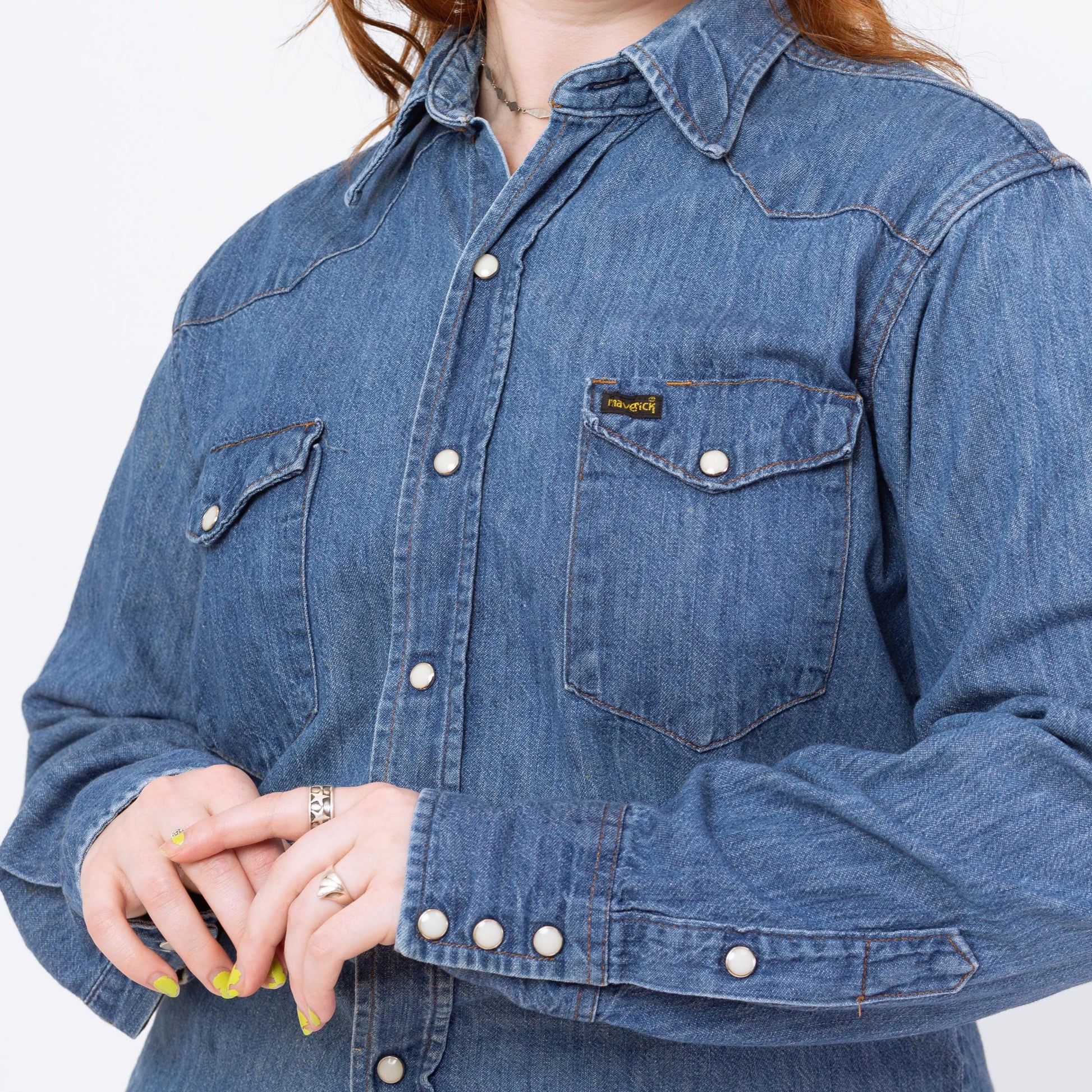 Vintage 70s Maverick Denim Pearl Snap Western Shirt - Men's Medium, Women's Large | Distressed Cowboy Blue Jean Workwear Top