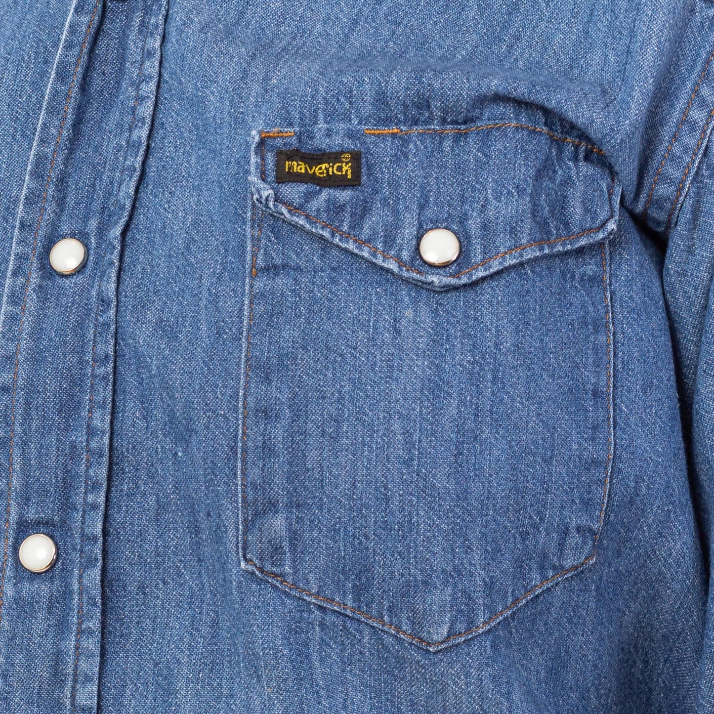 Vintage 70s Maverick Denim Pearl Snap Western Shirt - Men's Medium, Women's Large | Distressed Cowboy Blue Jean Workwear Top