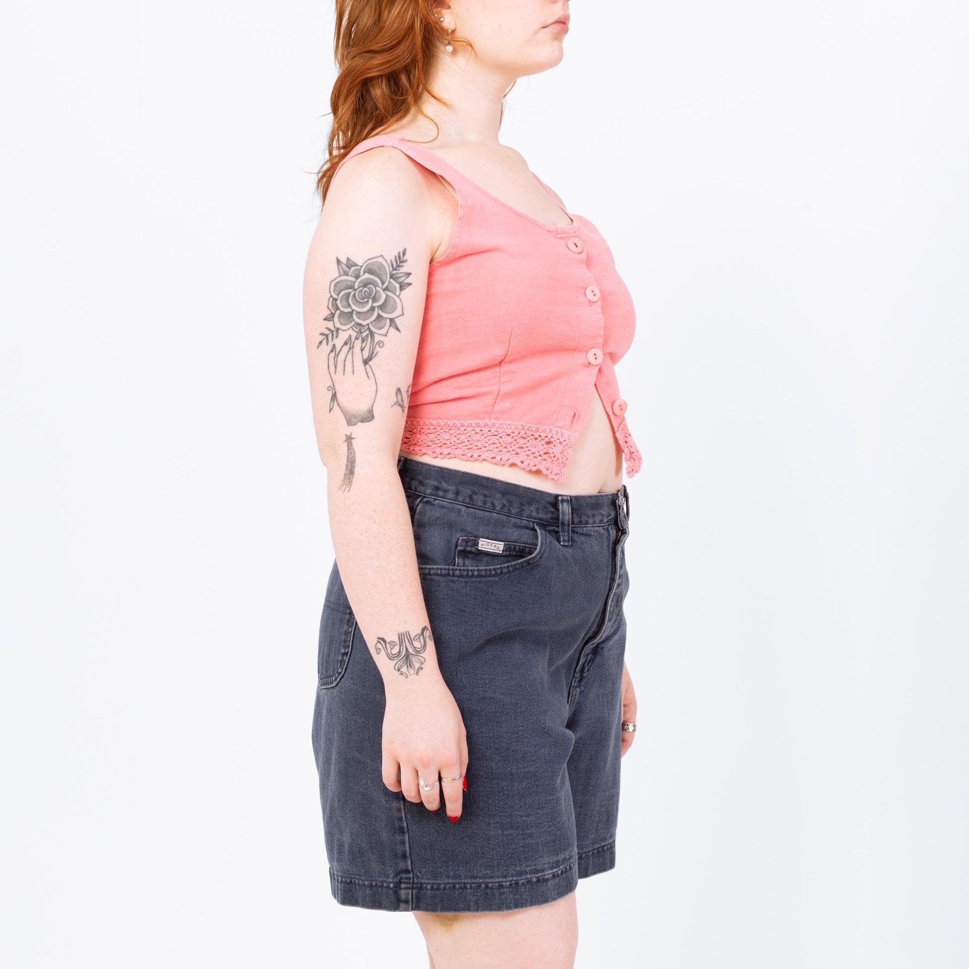 Vintage 80s Pink Cotton Crochet Trim Cropped Tank - Medium | Boho Sleeveless Button Up Crop Top