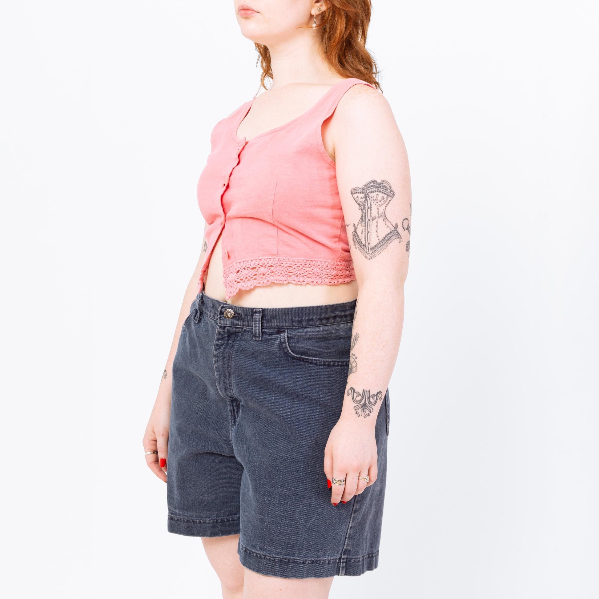 Vintage 80s Pink Cotton Crochet Trim Cropped Tank - Medium | Boho Sleeveless Button Up Crop Top
