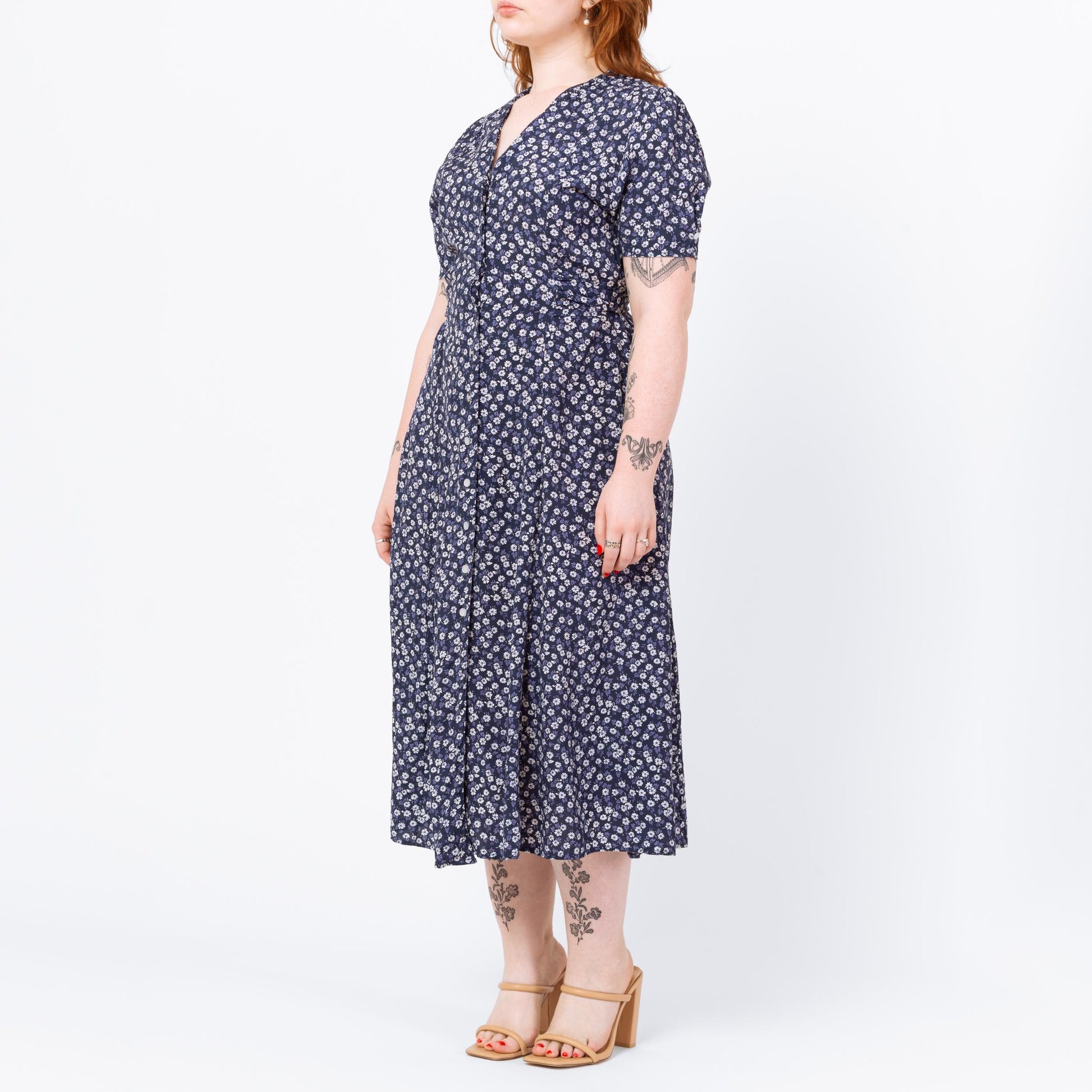 Vintage 90s Blue Floral Puff Sleeve Midi Dress - Medium | Boho Button Up Short Sleeve Shirtdress
