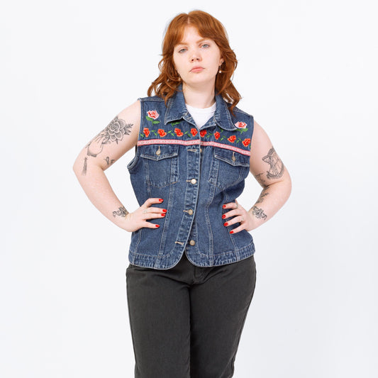 Vintage 90s Floral Embroidered Denim Vest - Large | Western Blue Jean Sleeveless Grunge Shirt