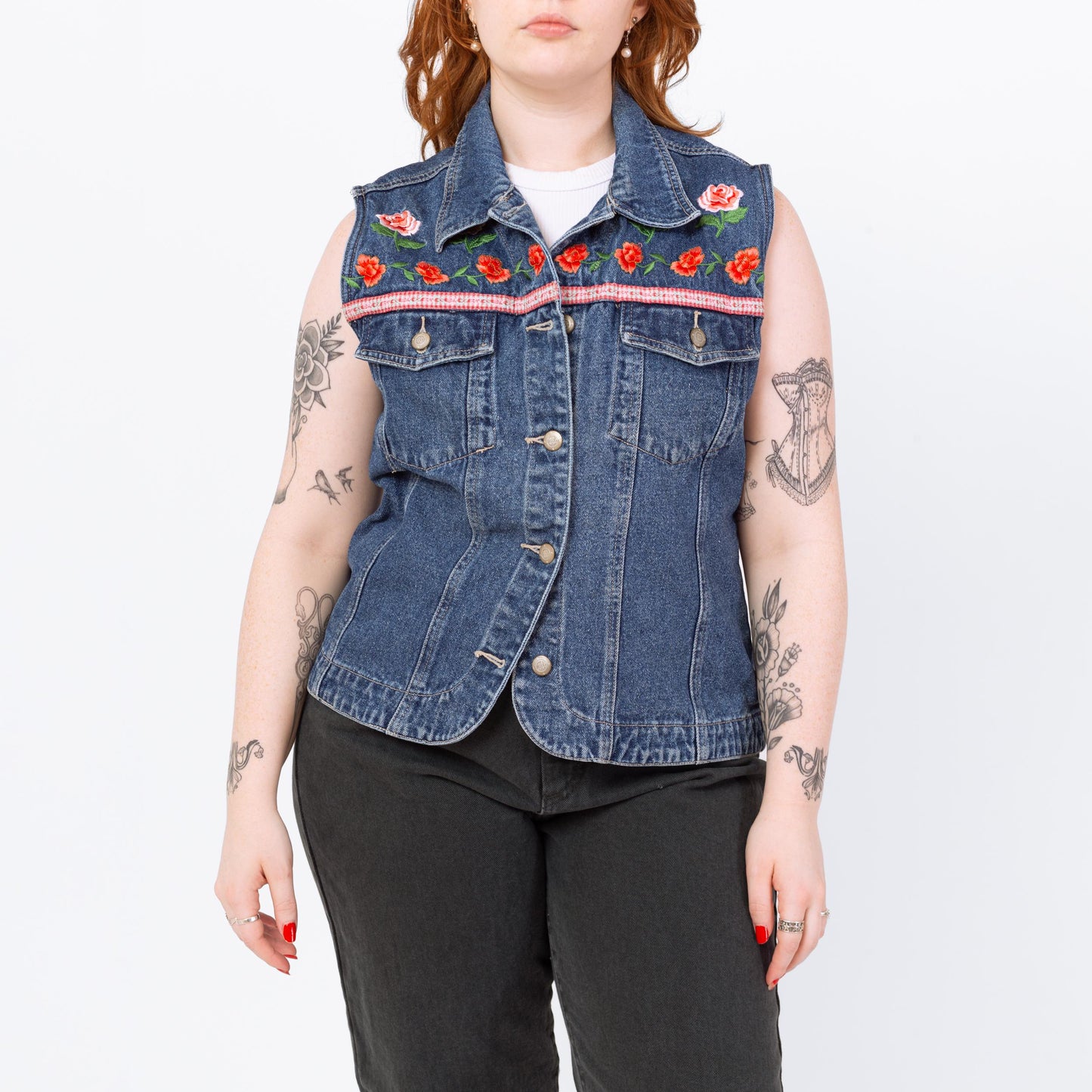 Vintage 90s Floral Embroidered Denim Vest - Large | Western Blue Jean Sleeveless Grunge Shirt