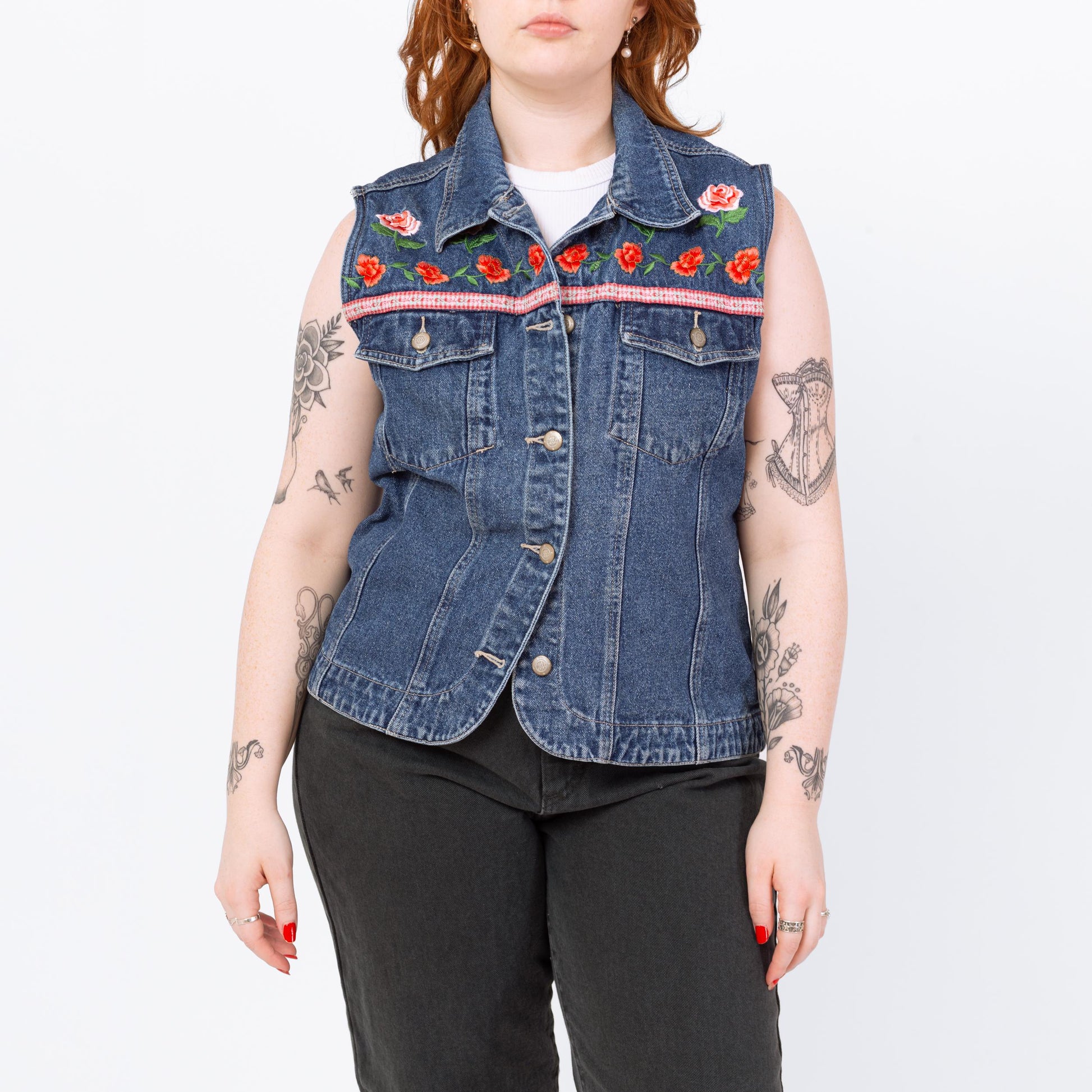 Vintage 90s Floral Embroidered Denim Vest - Large | Western Blue Jean Sleeveless Grunge Shirt