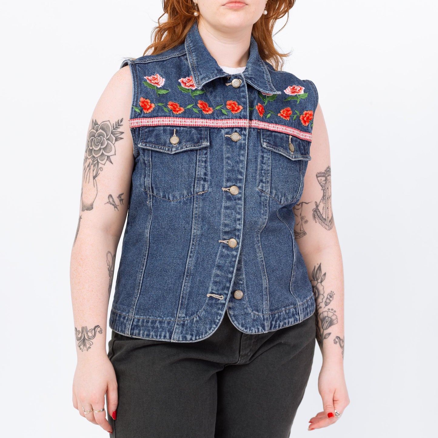 Vintage 90s Floral Embroidered Denim Vest - Large | Western Blue Jean Sleeveless Grunge Shirt