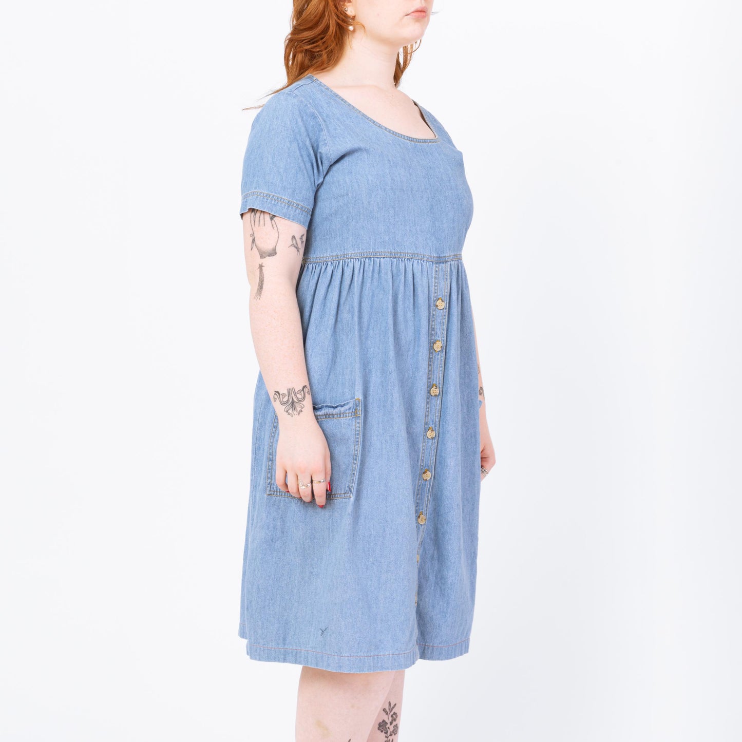 Vintage 90s Chambray Babydoll Midi Dress - Large | Grunge Light Wash Blue Jean Short Sleeve Pocket Dress