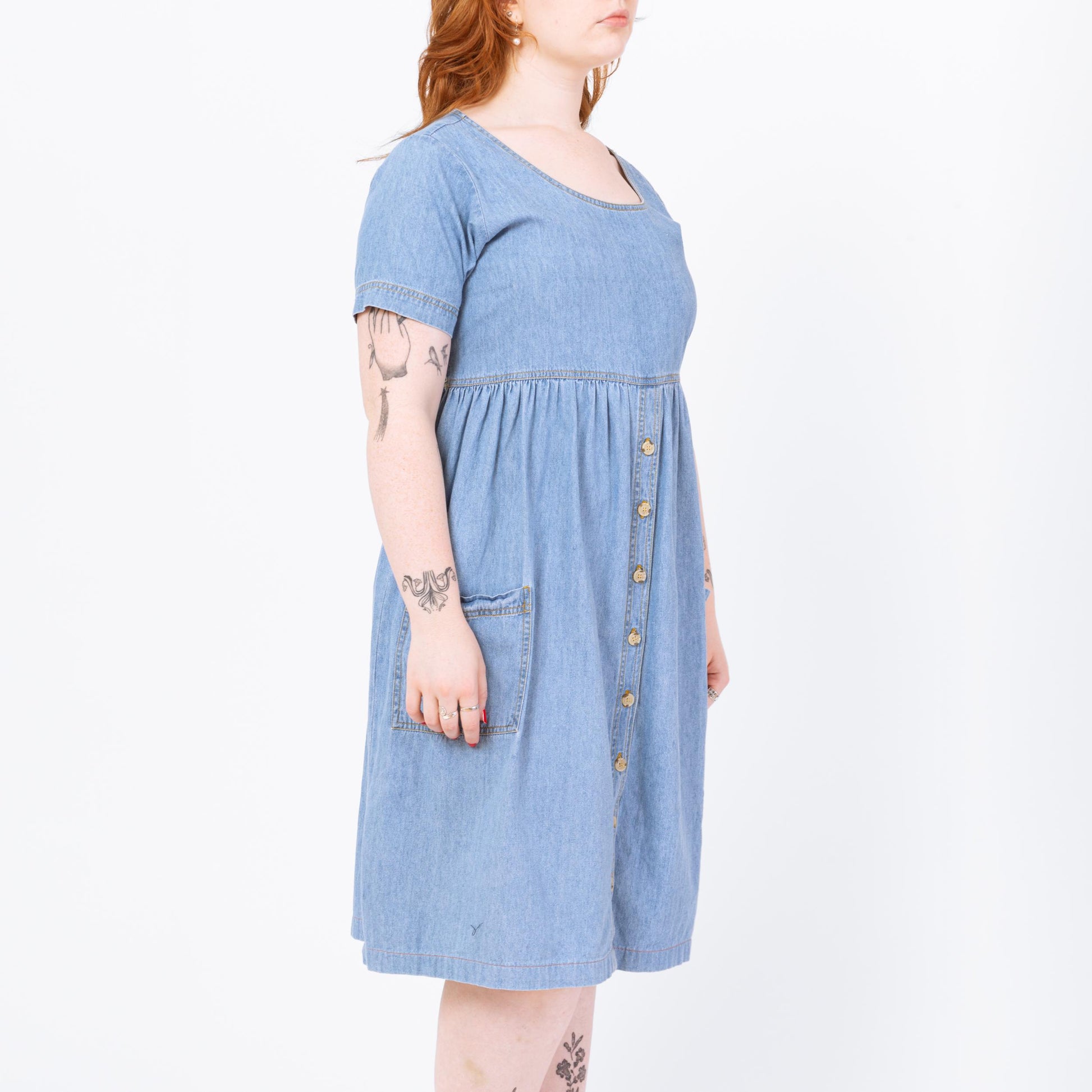 Vintage 90s Chambray Babydoll Midi Dress - Large | Grunge Light Wash Blue Jean Short Sleeve Pocket Dress