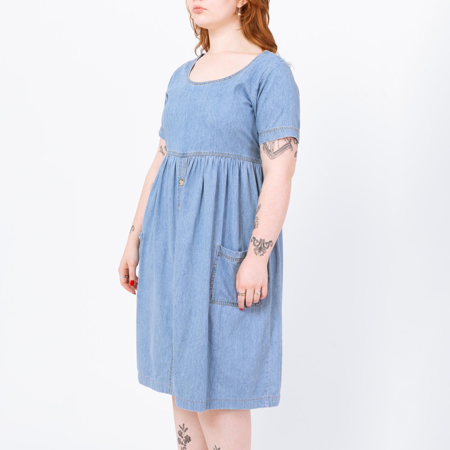 Vintage 90s Chambray Babydoll Midi Dress - Large | Grunge Light Wash Blue Jean Short Sleeve Pocket Dress