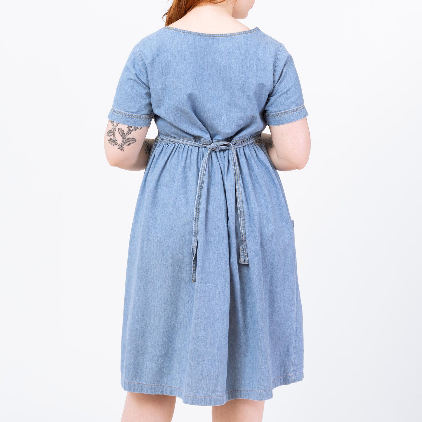 Vintage 90s Chambray Babydoll Midi Dress - Large | Grunge Light Wash Blue Jean Short Sleeve Pocket Dress