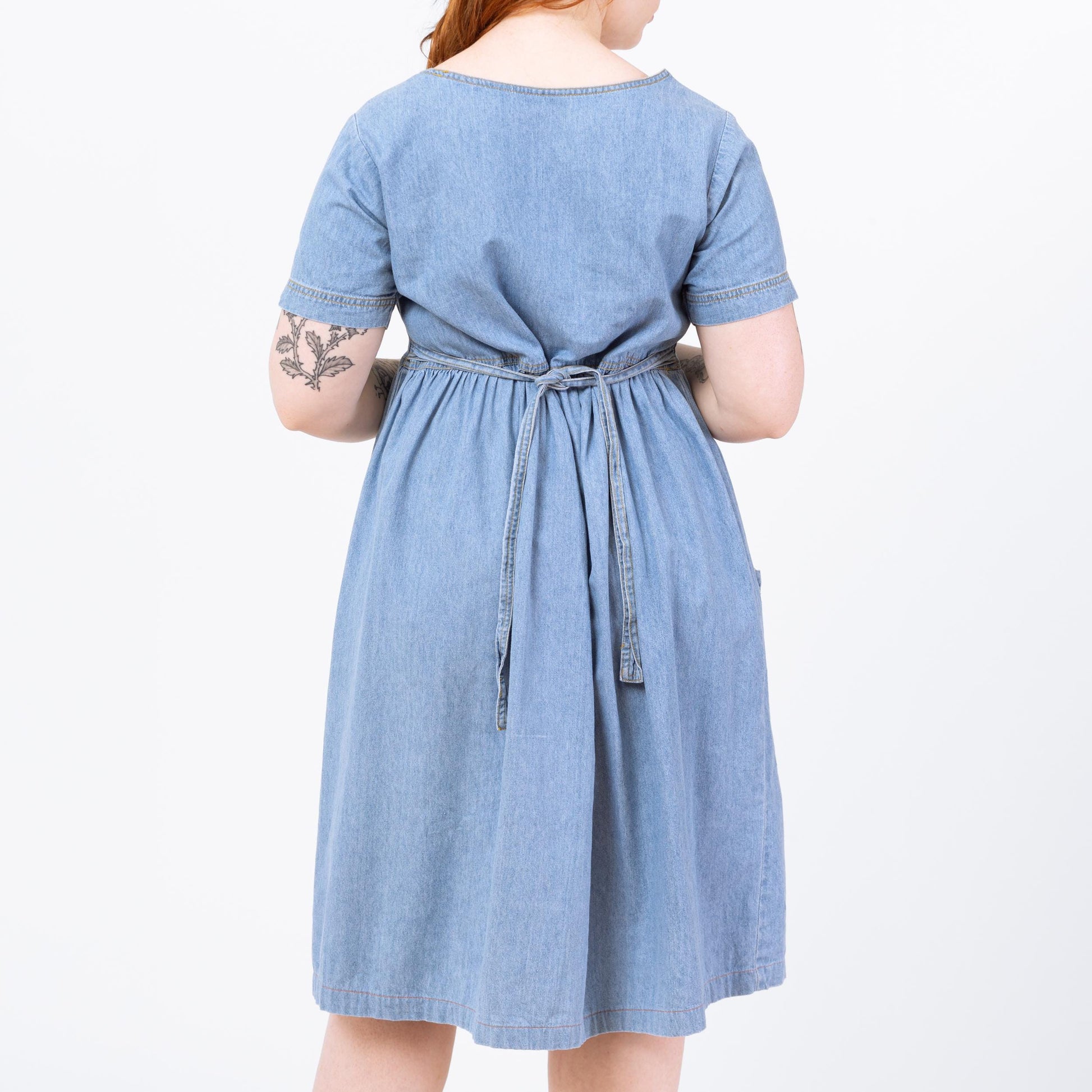 Vintage 90s Chambray Babydoll Midi Dress - Large | Grunge Light Wash Blue Jean Short Sleeve Pocket Dress