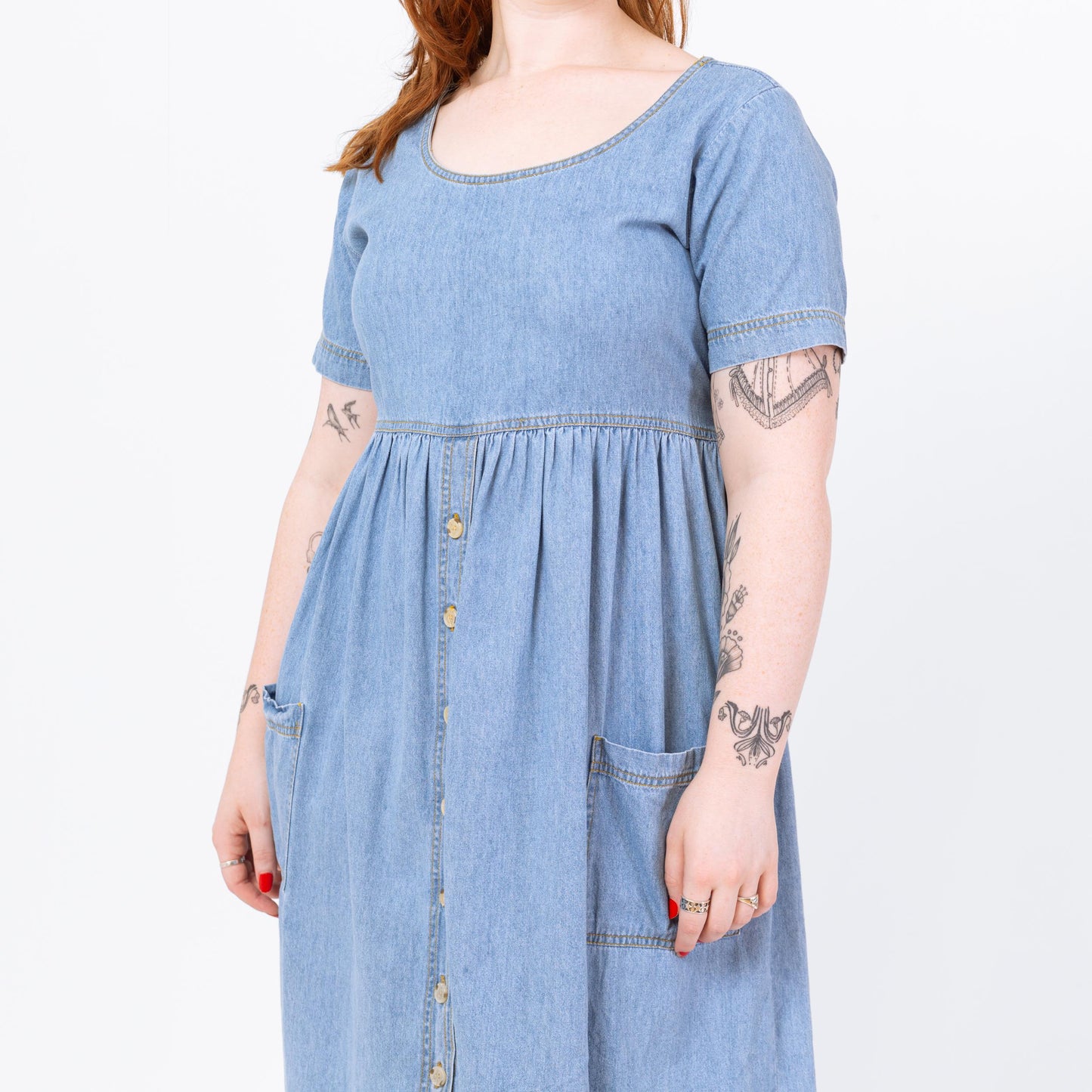 Vintage 90s Chambray Babydoll Midi Dress - Large | Grunge Light Wash Blue Jean Short Sleeve Pocket Dress