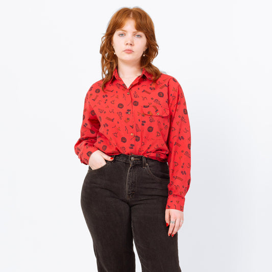 Vintage 80s Red Western Novelty Print Button Up Shirt- Medium | Retro Cowboy Boot Long Sleeve Collared Top