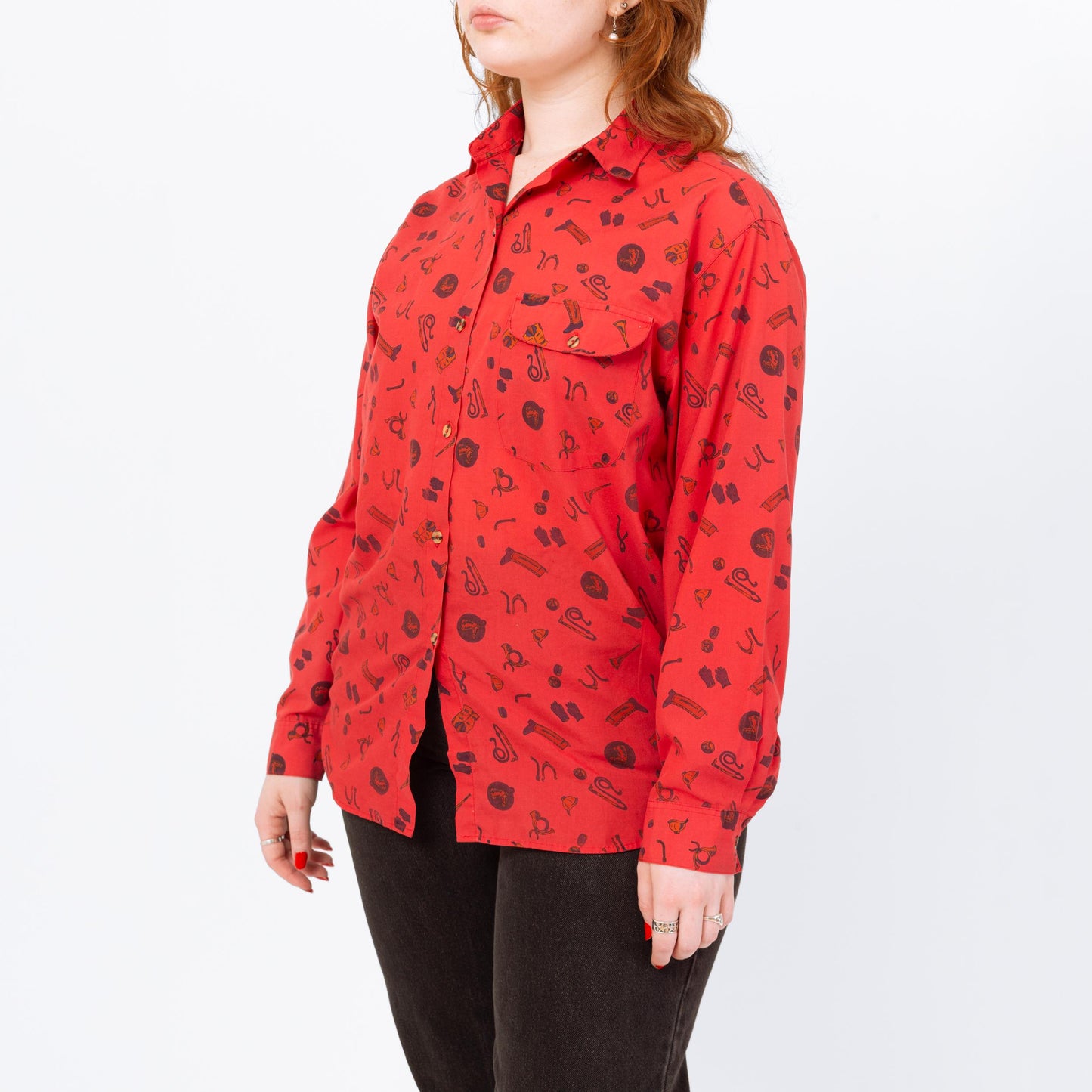 Vintage 80s Red Western Novelty Print Button Up Shirt- Medium | Retro Cowboy Boot Long Sleeve Collared Top