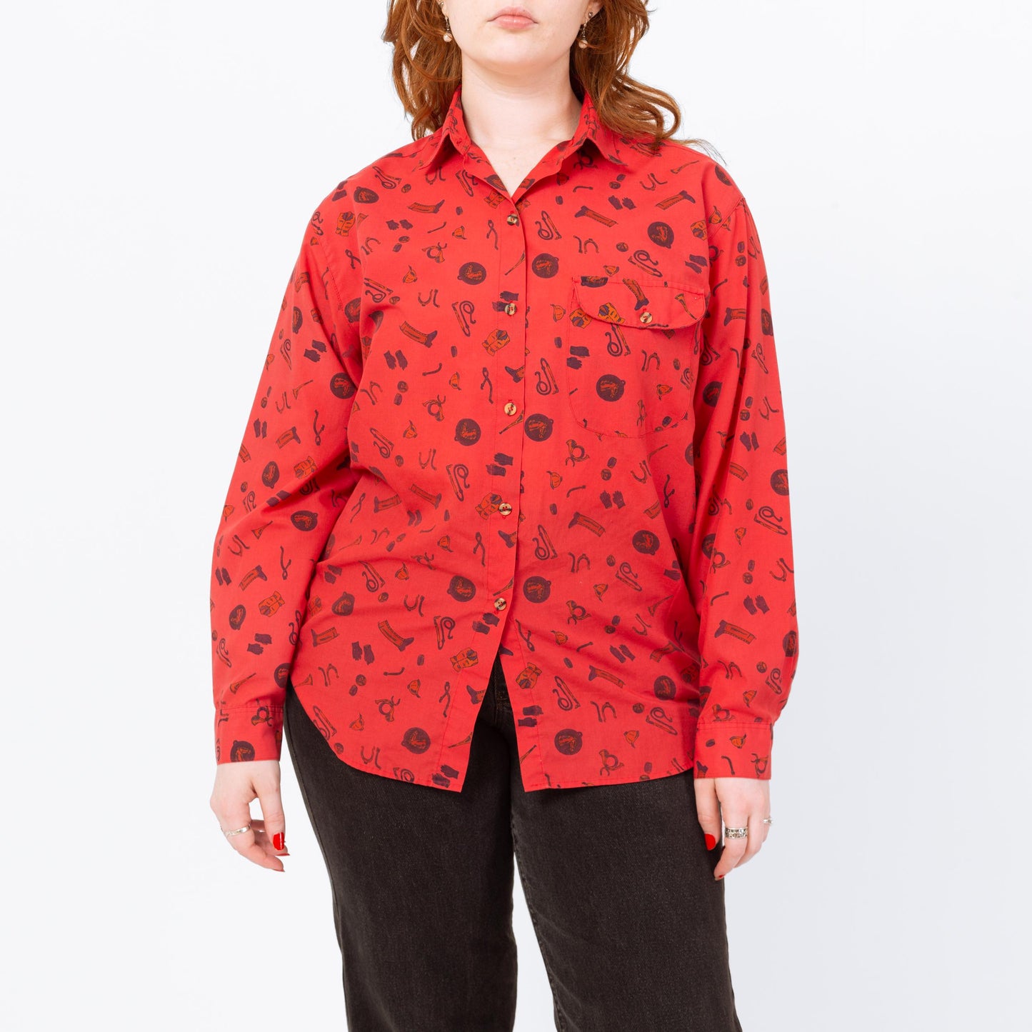 Vintage 80s Red Western Novelty Print Button Up Shirt- Medium | Retro Cowboy Boot Long Sleeve Collared Top