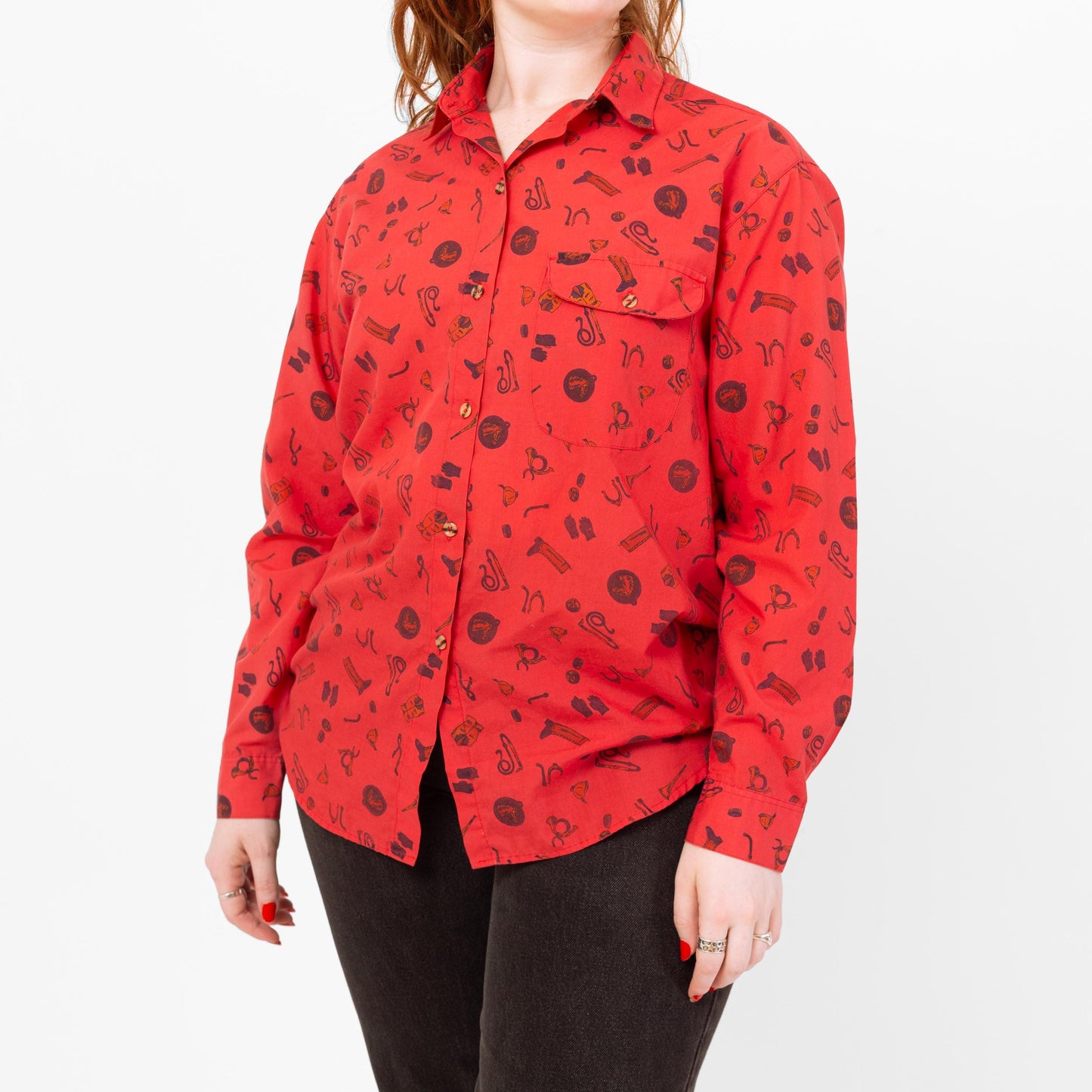 Vintage 80s Red Western Novelty Print Button Up Shirt- Medium | Retro Cowboy Boot Long Sleeve Collared Top