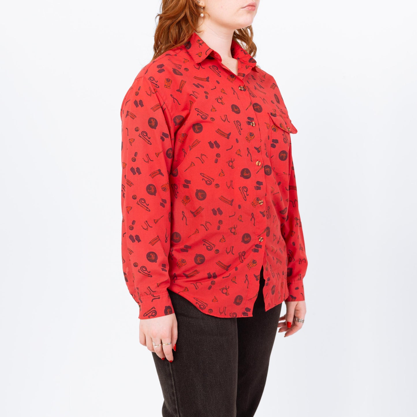 Vintage 80s Red Western Novelty Print Button Up Shirt- Medium | Retro Cowboy Boot Long Sleeve Collared Top