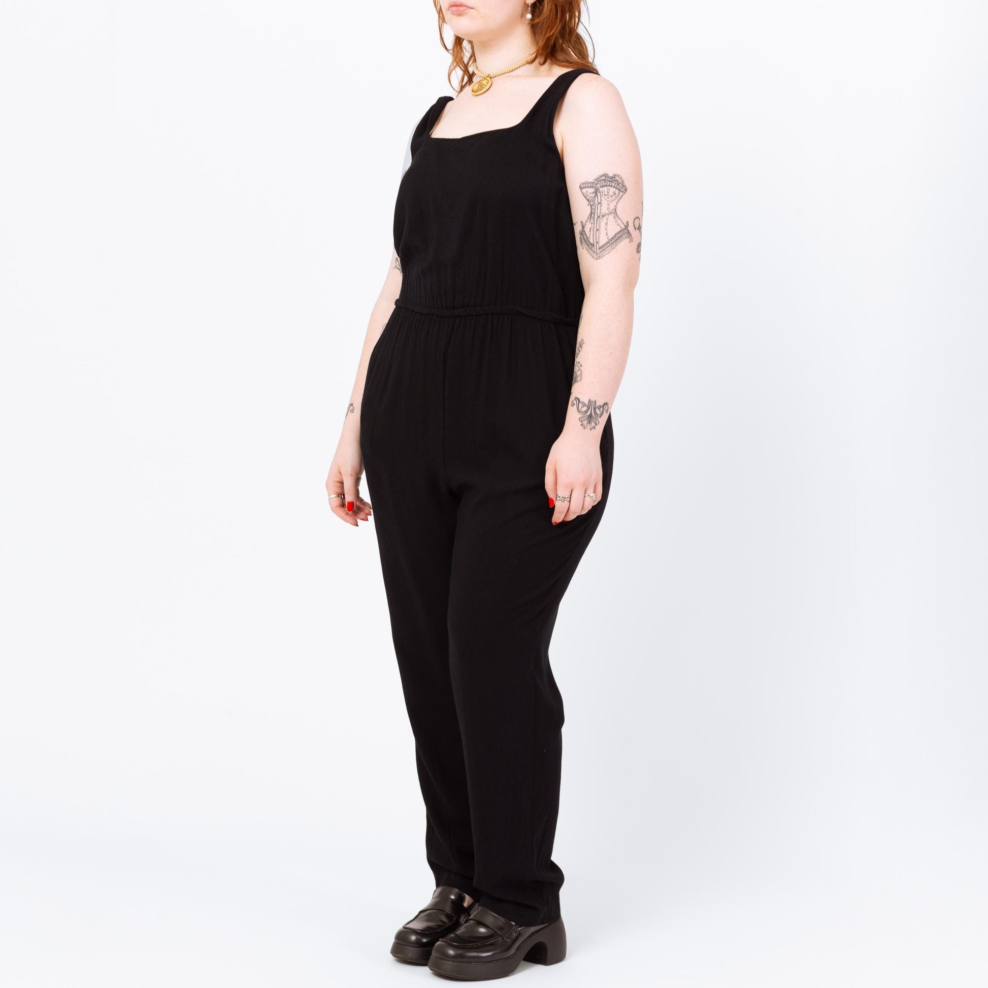 Vintage 80s Black Low Back Lounge Jumpsuit - Medium to Large | Sleeveless Grunge Tapered Leg Casual Pantsuit