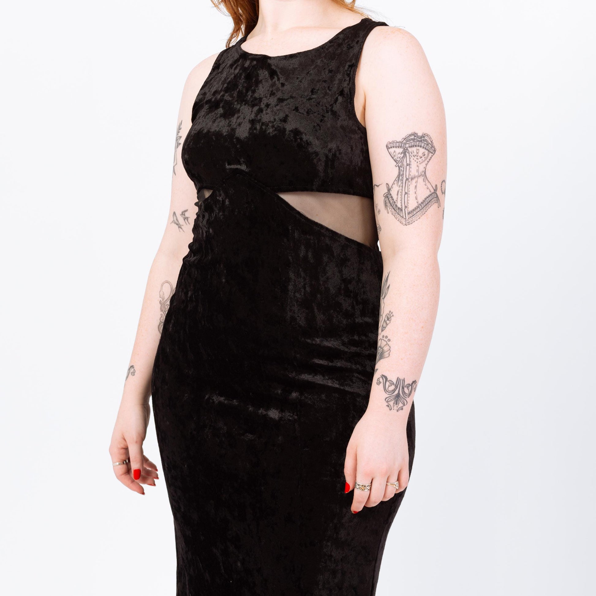 Vintage 90s Black Velvet Mesh Cut Out Waist Maxi Dress - Large | Sleeveless Bodycon Fitted Slinky Sexy Cocktail Party Dress