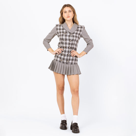 Vintage 90s Black & White Plaid Schoolgirl Mini Dress - Petite XXS | Preppy Long Sleeve Drop Waist Scooter Micro Mini Dress