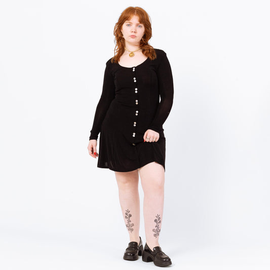 Vintage 90s Black Slinky Button Front Mini Dress - Medium | Long Sleeve Stretchy Scoop Neck Grunge Dress