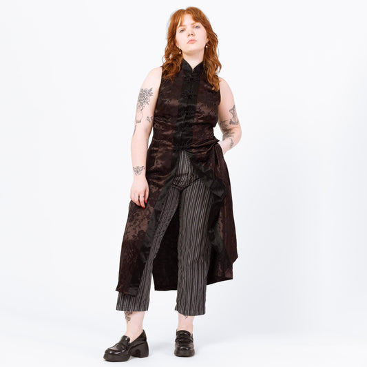 Vintage 90s Black & Brown Satin Gothic Duster Top - Medium | Jacquard Mandarin Collar Tailcoat, Witchy Long Tunic Vest