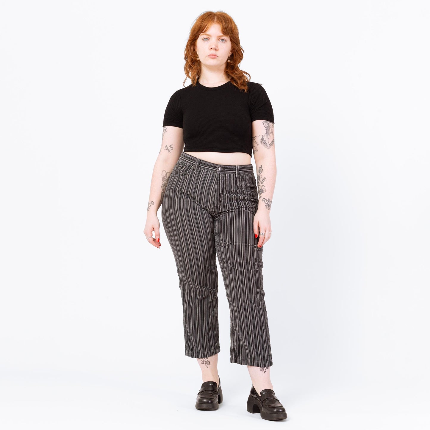 Vintage 90s Black & Grey Pinstripe Corduroy Pants - Petite Large, 34" Waist | Straight Leg Cropped Ankle Trousers, Punk Striped Cords