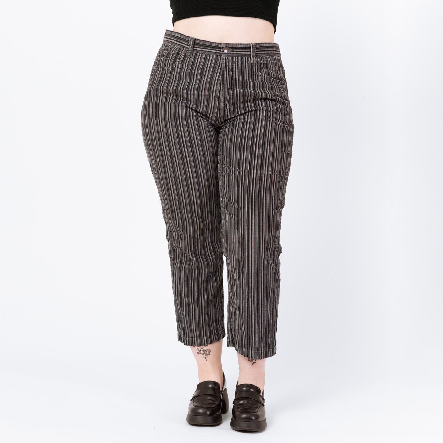 Vintage 90s Black & Grey Pinstripe Corduroy Pants - Petite Large, 34" Waist | Straight Leg Cropped Ankle Trousers, Punk Striped Cords