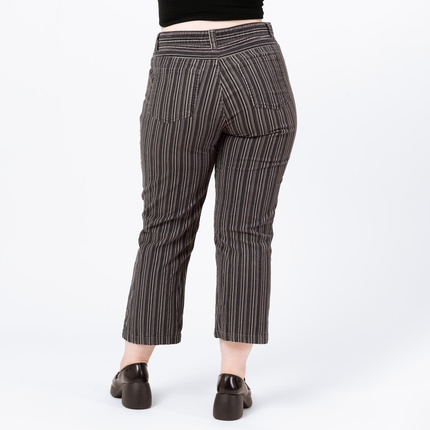 Vintage 90s Black & Grey Pinstripe Corduroy Pants - Petite Large, 34" Waist | Straight Leg Cropped Ankle Trousers, Punk Striped Cords