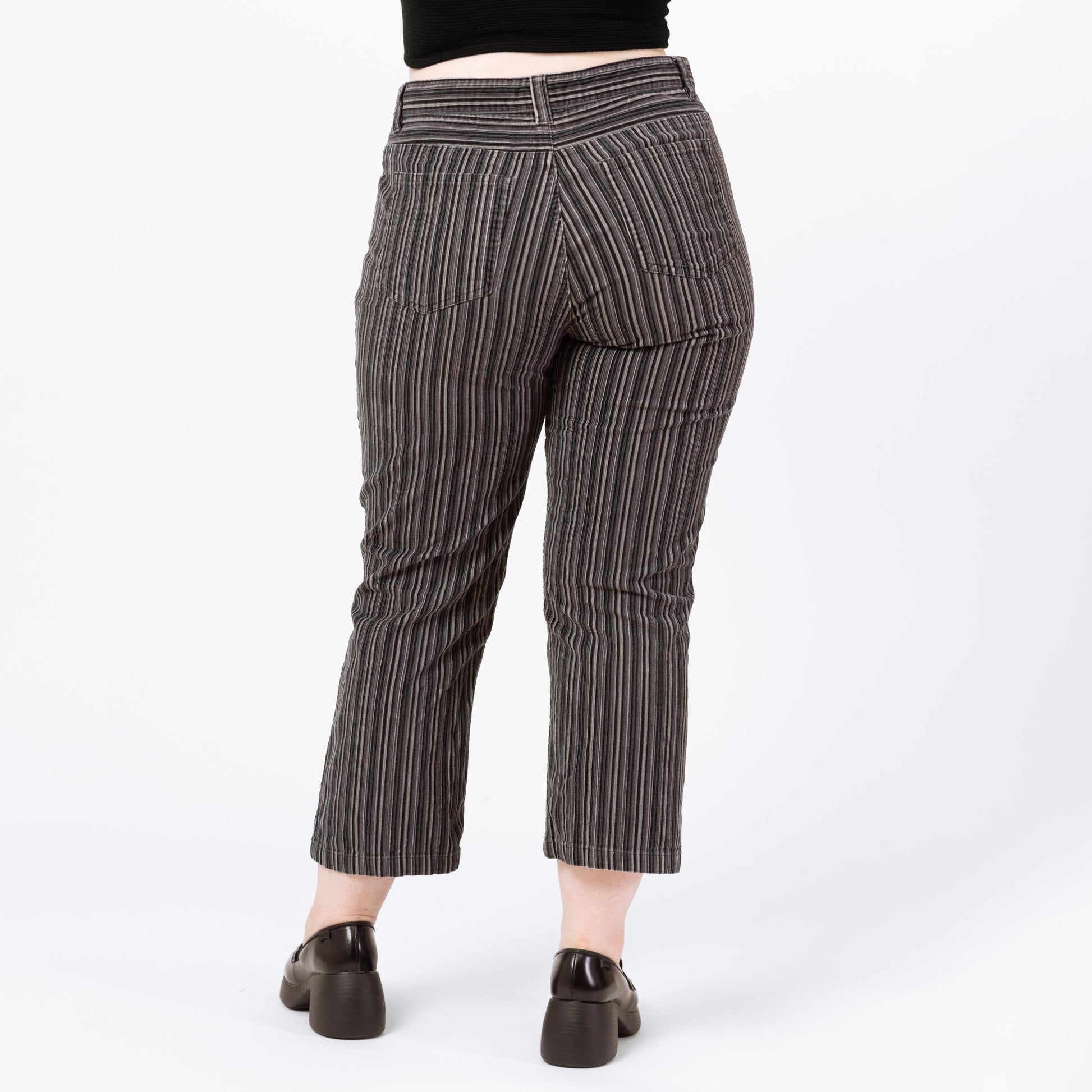 Vintage 90s Black & Grey Pinstripe Corduroy Pants - Petite Large, 34" Waist | Straight Leg Cropped Ankle Trousers, Punk Striped Cords