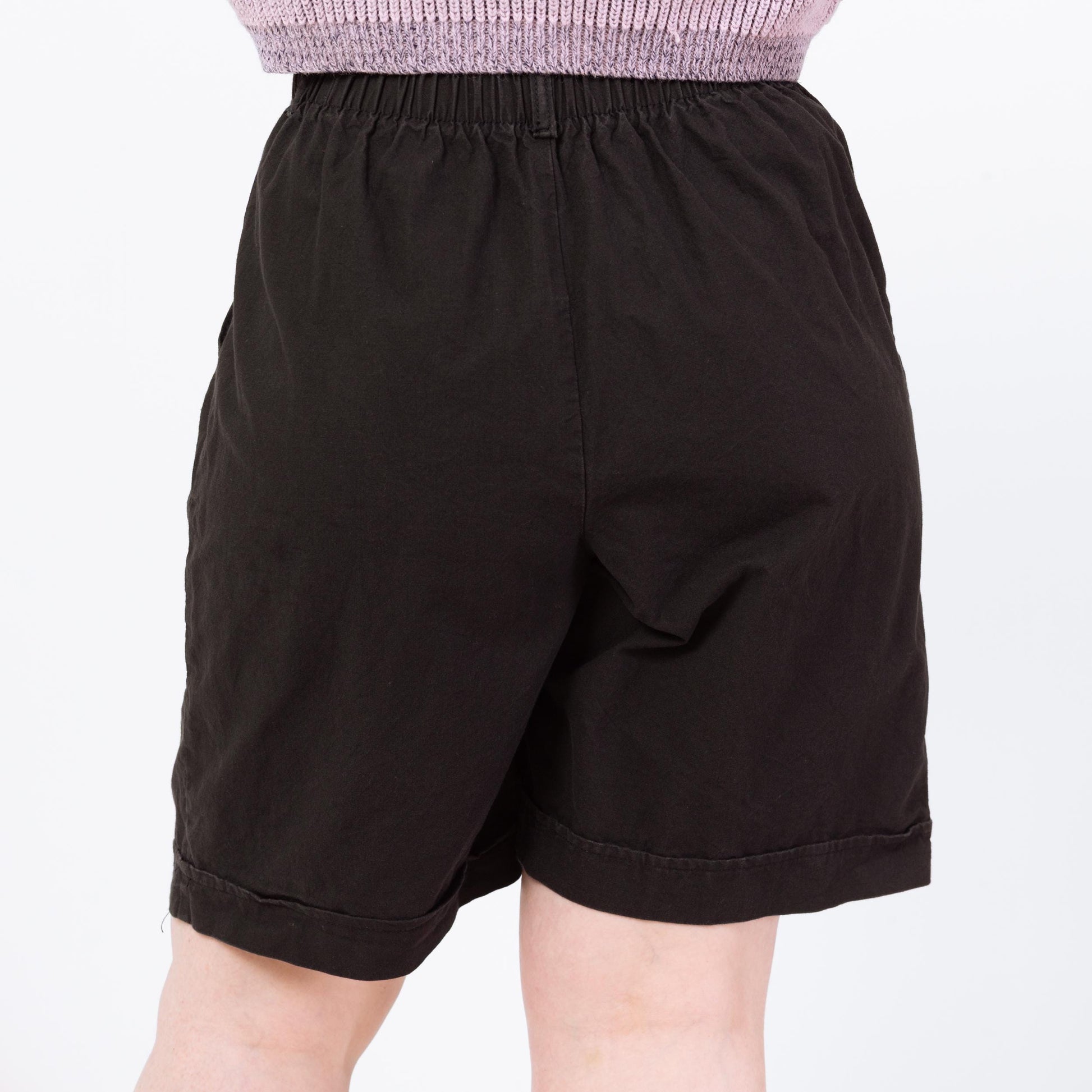 Vintage 90s Black Cotton High Waisted Shorts - Large, 29"-34" Waist | Pleated Mid Length Casual Shorts