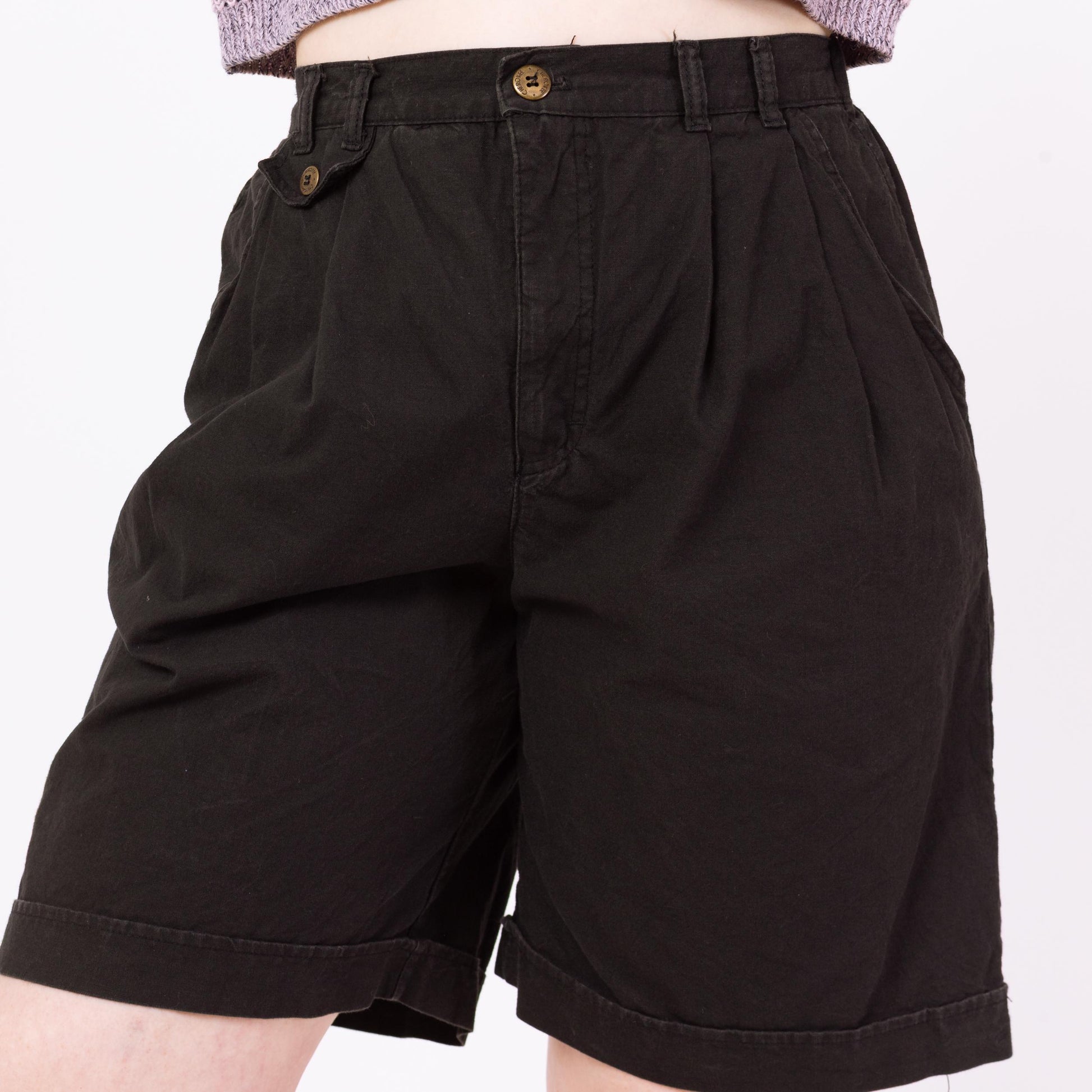 Vintage 90s Black Cotton High Waisted Shorts - Large, 29"-34" Waist | Pleated Mid Length Casual Shorts
