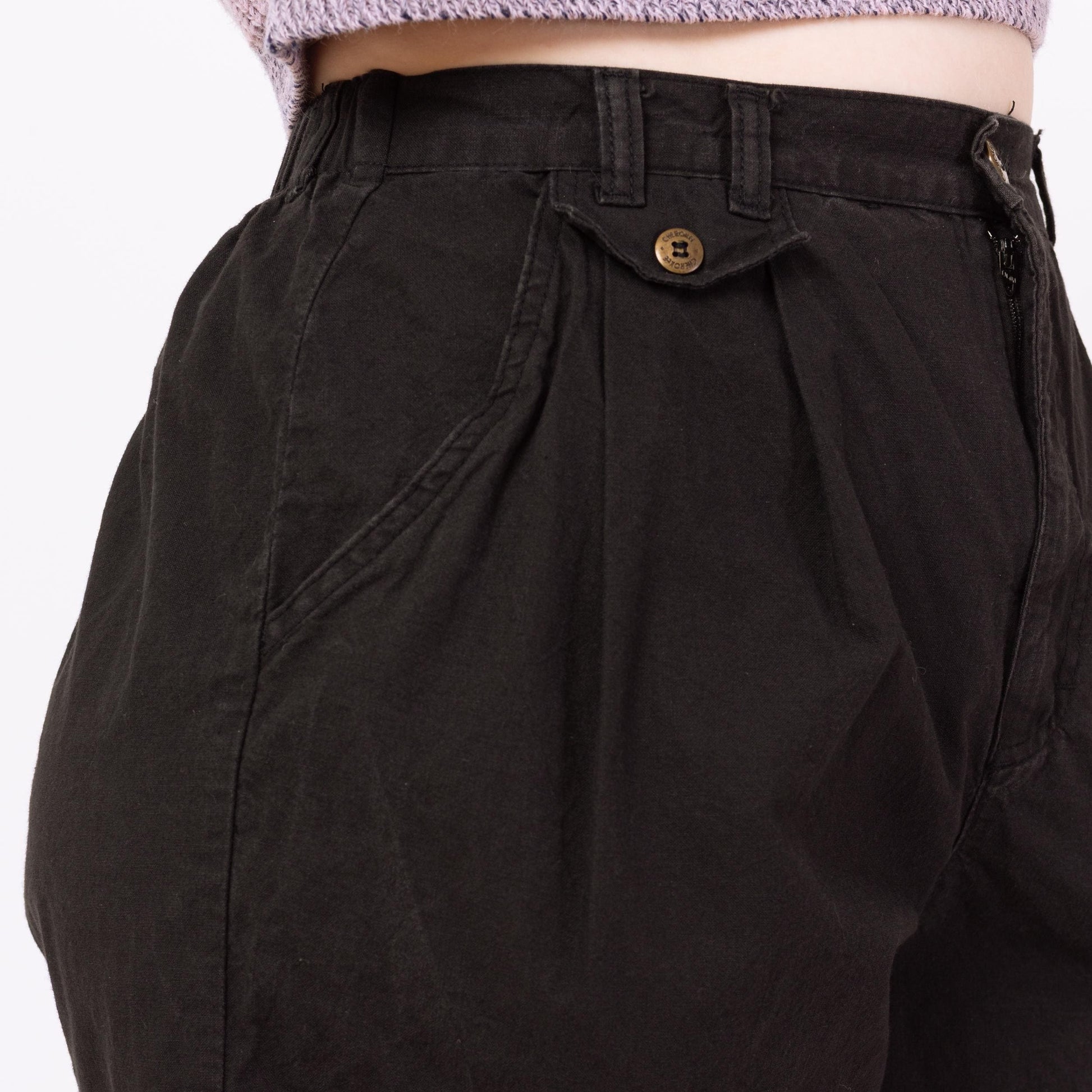 Vintage 90s Black Cotton High Waisted Shorts - Large, 29"-34" Waist | Pleated Mid Length Casual Shorts