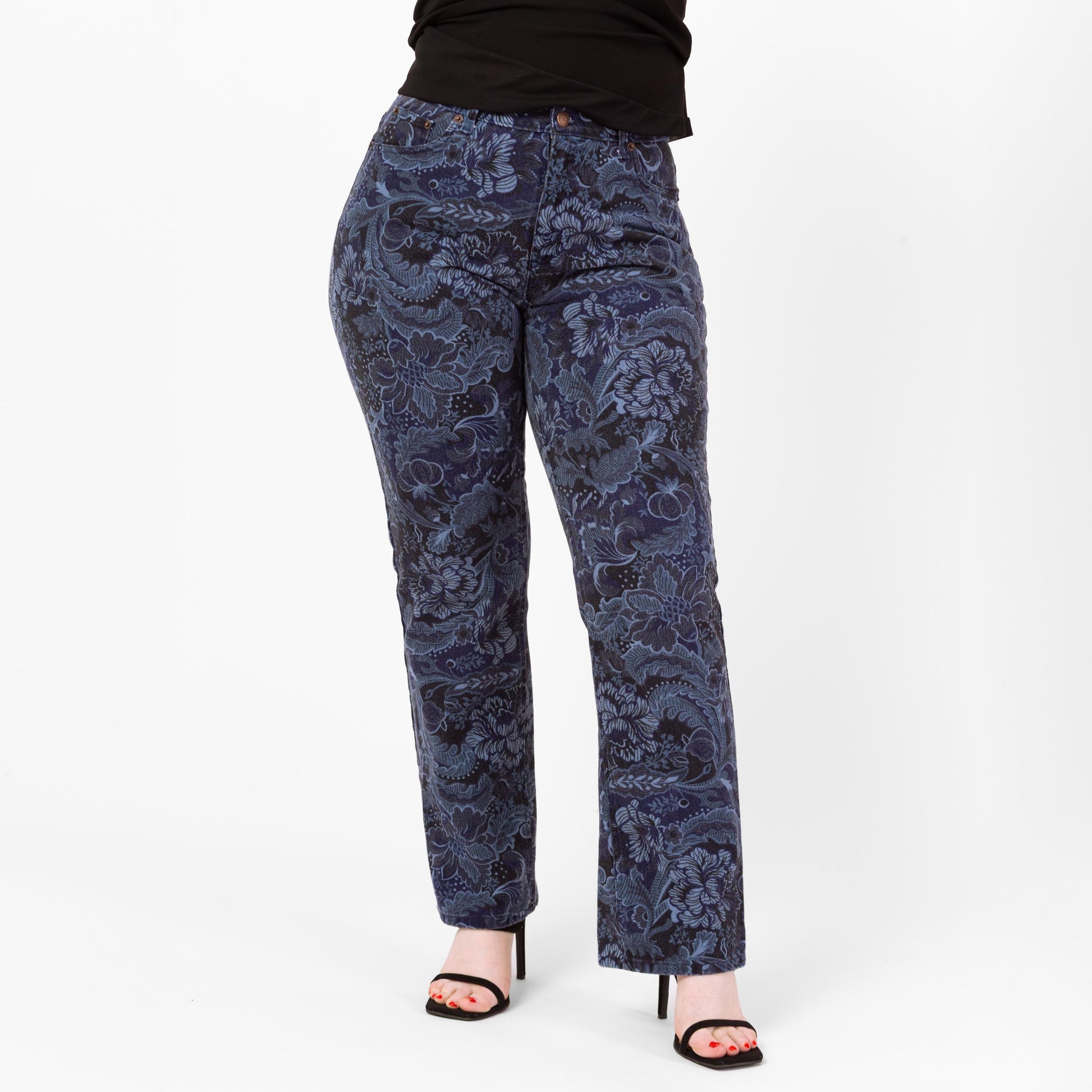 Vintage 90s Blue Baroque Floral Bootcut Jeans - Medium, 32" Waist | Mid Rise Navy Blue Denim Mom Jeans