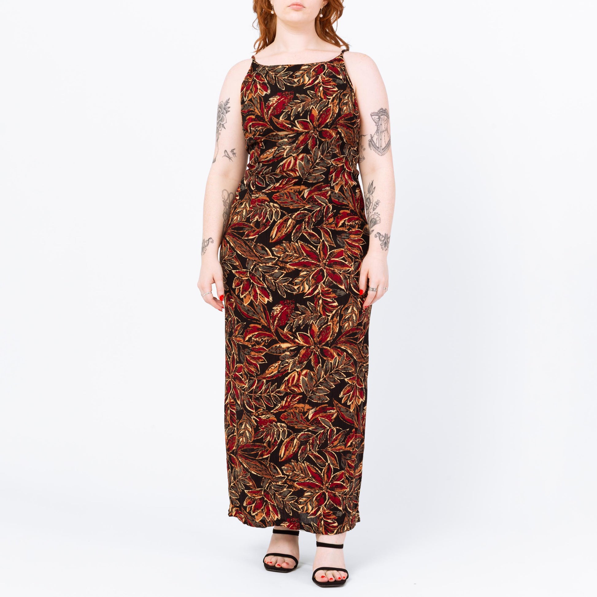 Vintage 90s Boho Black Tropical Floral Maxi Dress - Large | Batik Print Spaghetti Strap Summer Sundress
