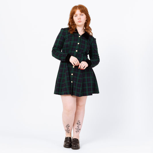 Vintage 90s Dark Plaid Schoolgirl Mini Dress - Large | Academia Black Watch Tartan Button Front Long Sleeve Mod Dress