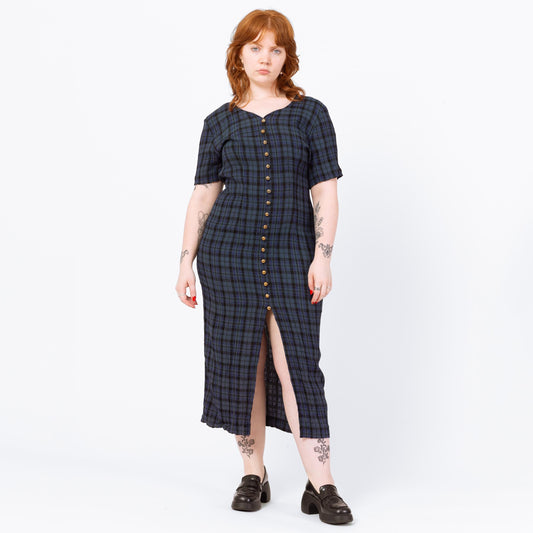 Vintage 90s Midnight Blue Plaid Maxi Dress - Large | Grunge Dark Academia Button Front High Slit Tie Back Dress