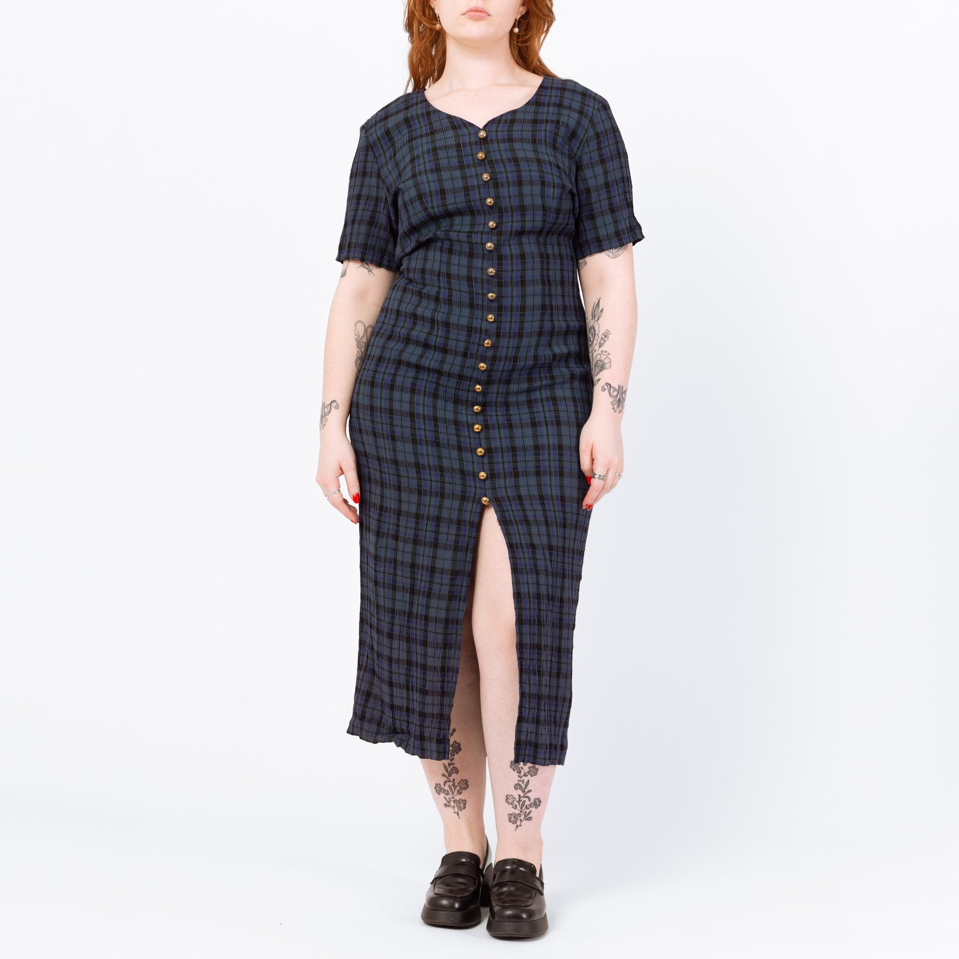 Vintage 90s Midnight Blue Plaid Maxi Dress - Large | Grunge Dark Academia Button Front High Slit Tie Back Dress