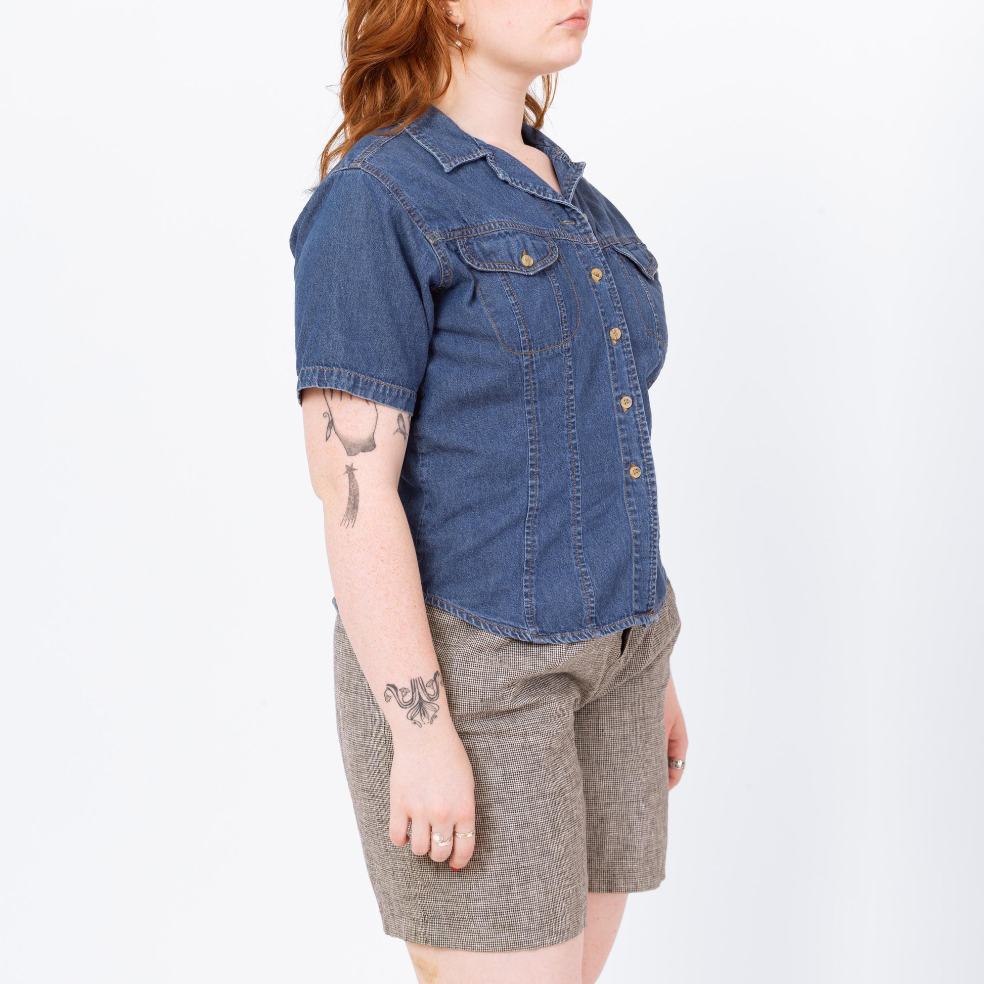 Vintage 90s Short Sleeve Chambray Shirt - Medium | Cropped Button Up Denim Top