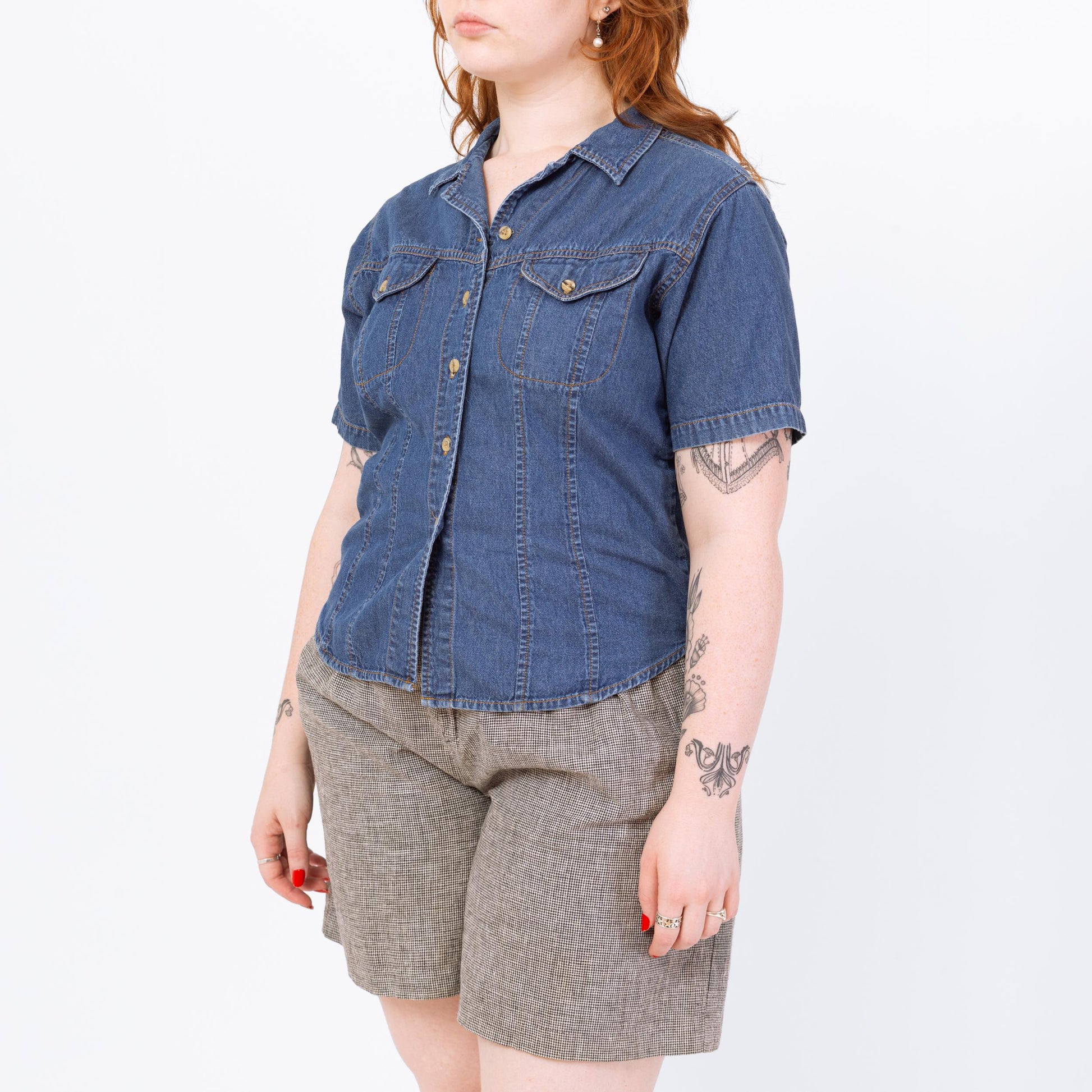 Vintage 90s Short Sleeve Chambray Shirt - Medium | Cropped Button Up Denim Top