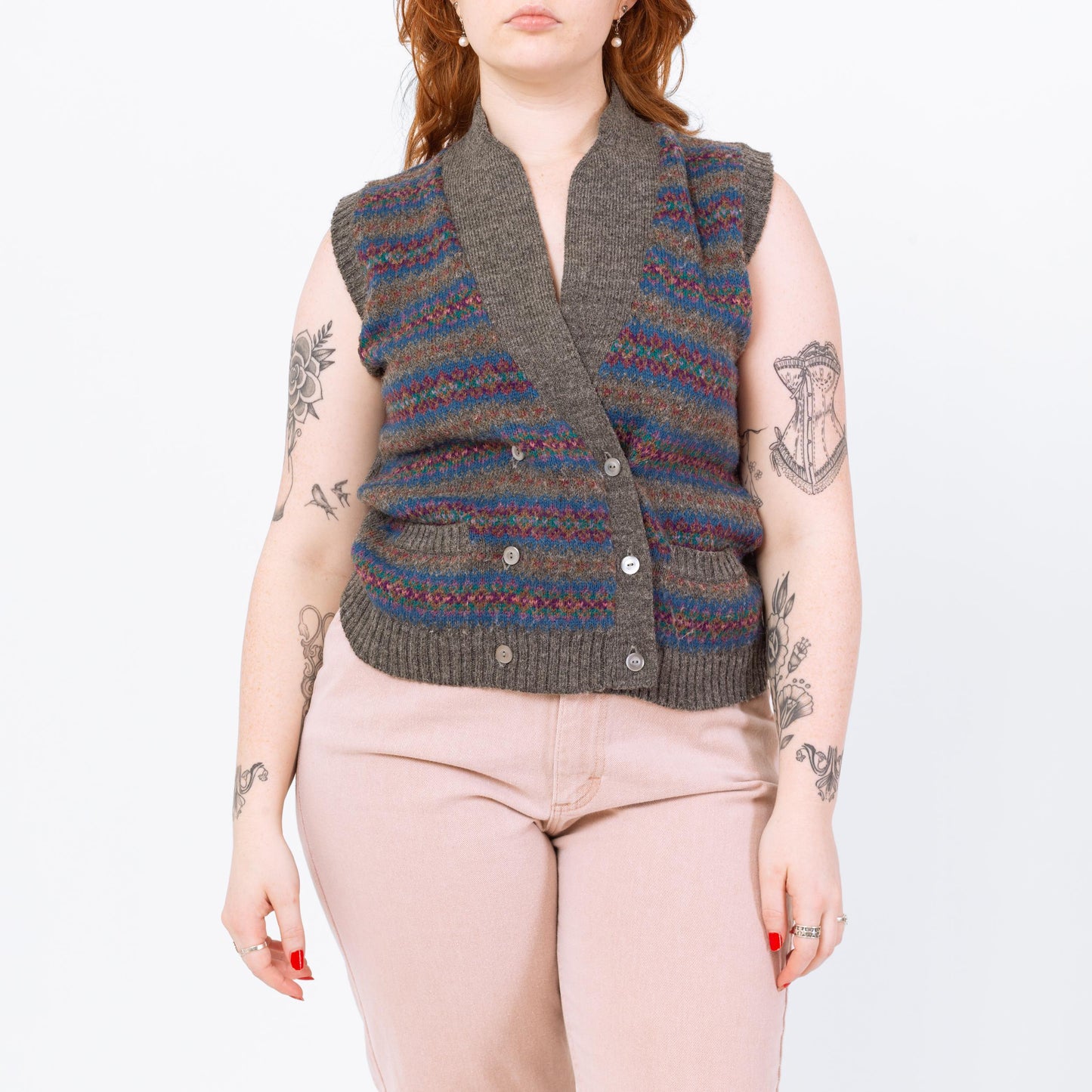 Vintage 80s Grey Striped Sweater Vest - Medium | Preppy Knit Vest, Dark Academia Sleeveless Cardigan, Cottagecore Sweater
